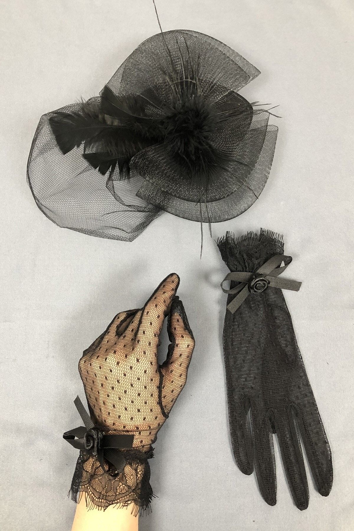 LÜX Tasarım Siyah Gelin Şapkası Ve Puantiyeli Eldiven