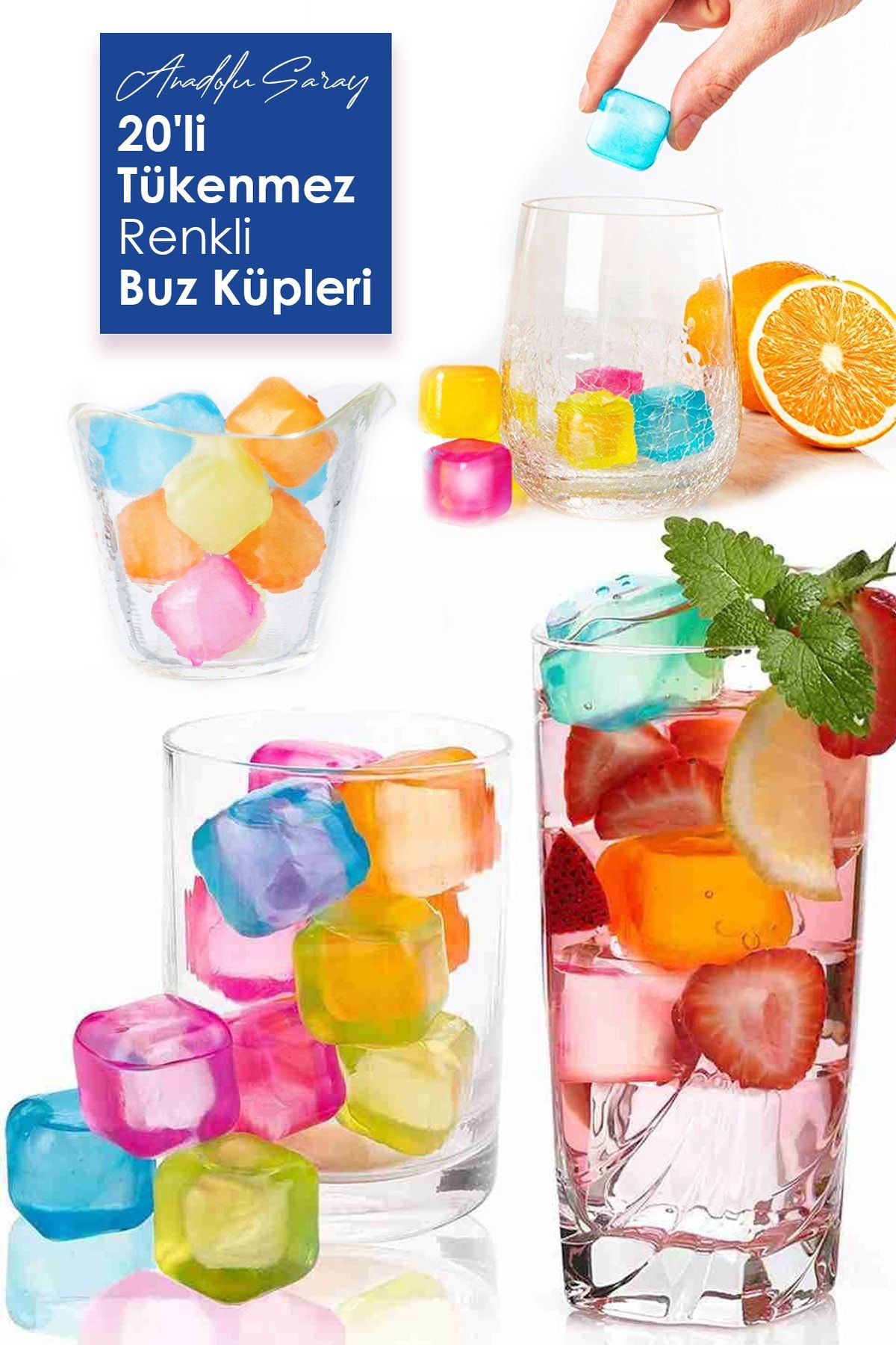 Anadolu Saray Çarşısı Plastik 20'li Tükenmez Buz Kalıbı Buz Küpleri Renkli Plastik Buz Küpü Renkli Buz Küpleri - 20 Adet