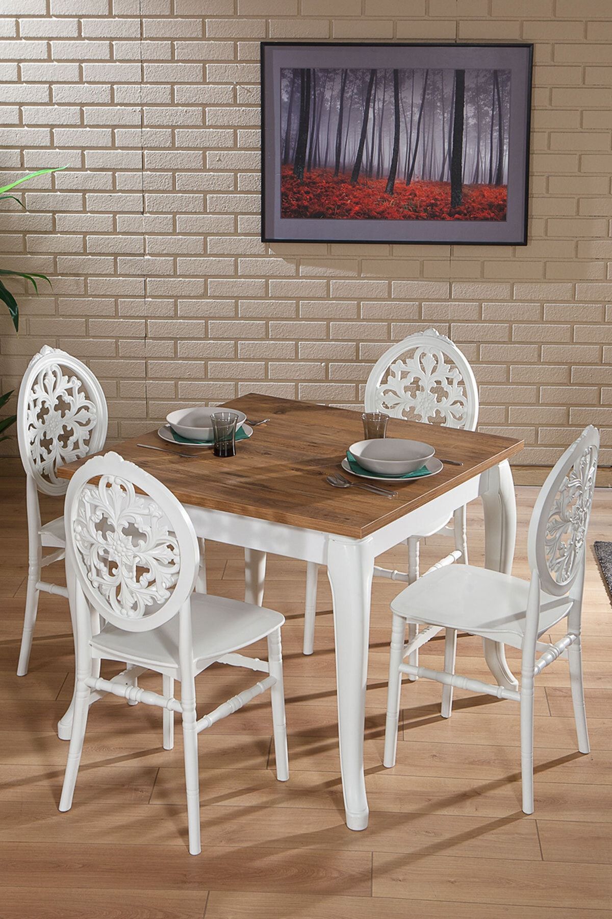 SANDALİE Venüs Beyaz Sirius Sabit Masa 4 Sandalye 1 Masa Salon Mutfak Masa Takımı