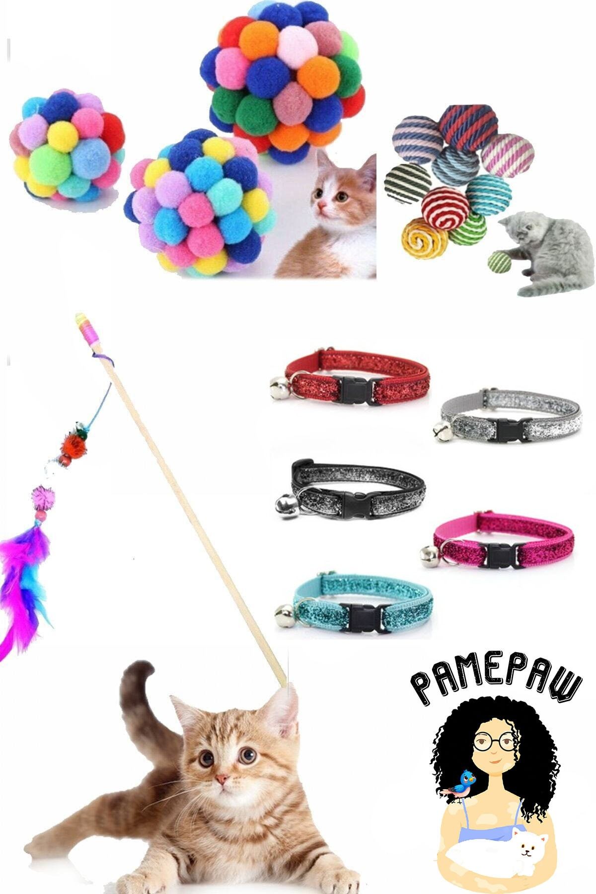 RETROAVM Pet Kedi Oyun Oltası 90 Cm Ve Ip Sarma Topu Ve Kedi Renkli Tasma Ve Xxl Ponponlu Kedi Oyuncağı