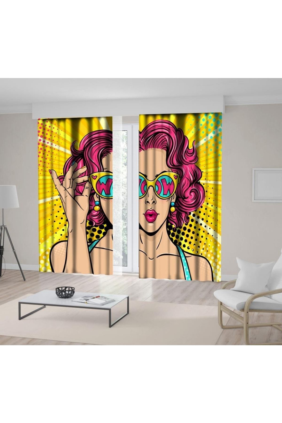 Henge Home Baskılı Fon Perde Pop Art Yüzü Güneş Gözlüğü Kadın Desenli