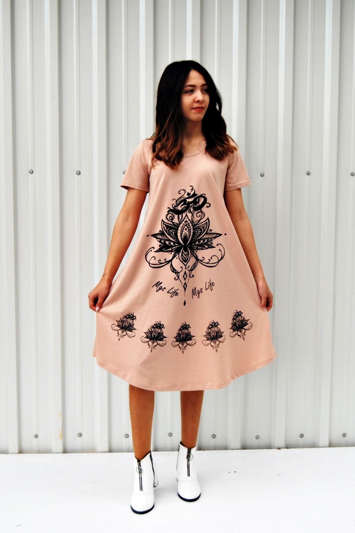 MGS LİFE Kadın Toz Pembe Kısa Kollu Çiçek Baskılı Çan Etek Elbise