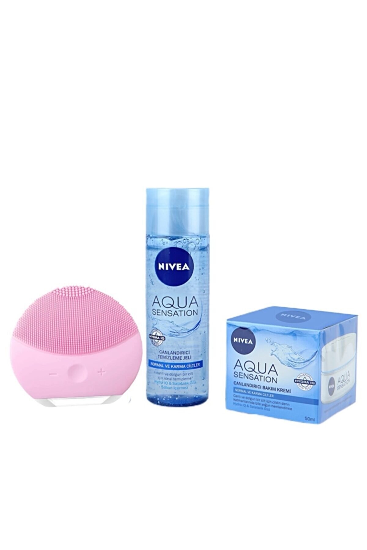 NIVEA Aqua Sensation Yüz Temizleme Jeli 200 ml + Bakım Kremi 50 ml + Şarjlı Yüz Temizleme Cihazı