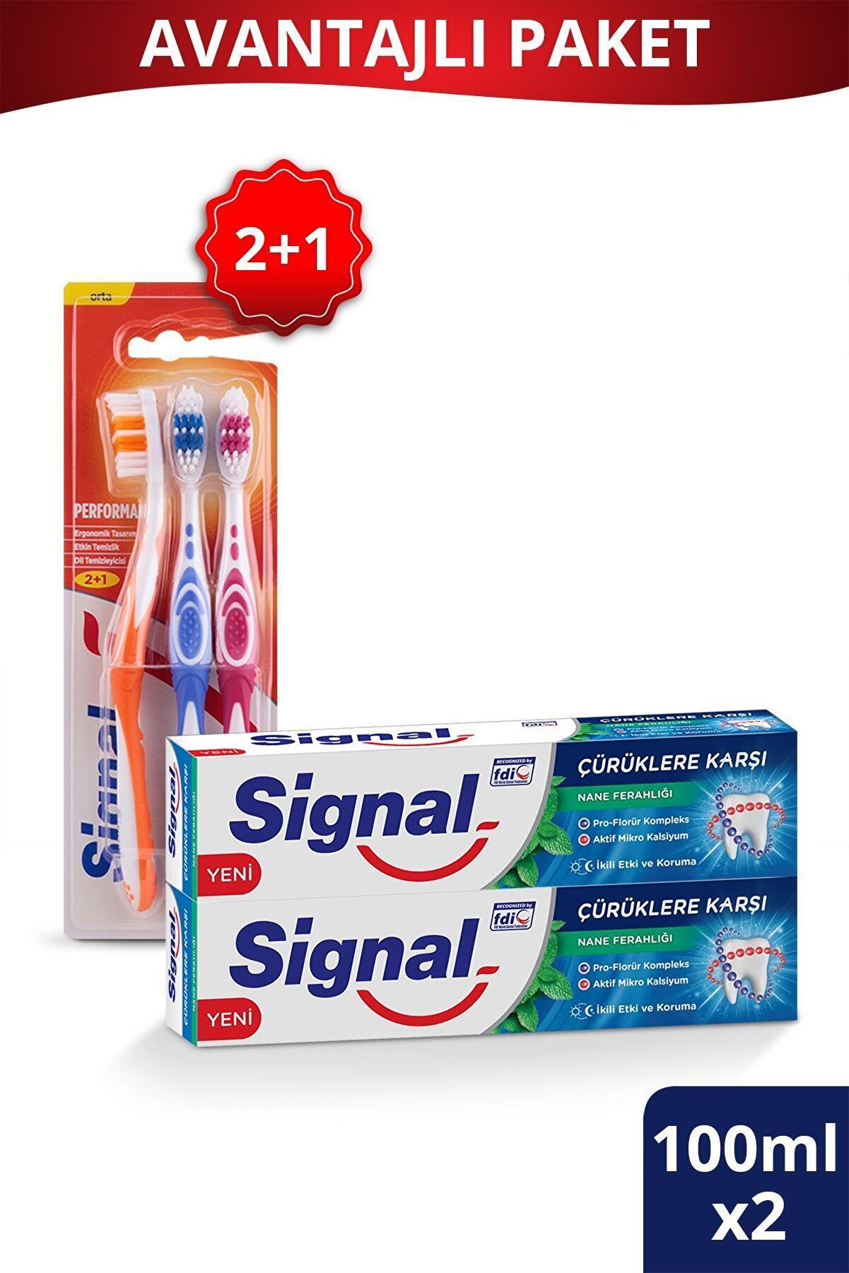 Signal Çürüklere Karşı Diş Macunu 100 ml X2 Adet + Performans Diş Fırçası 2+1