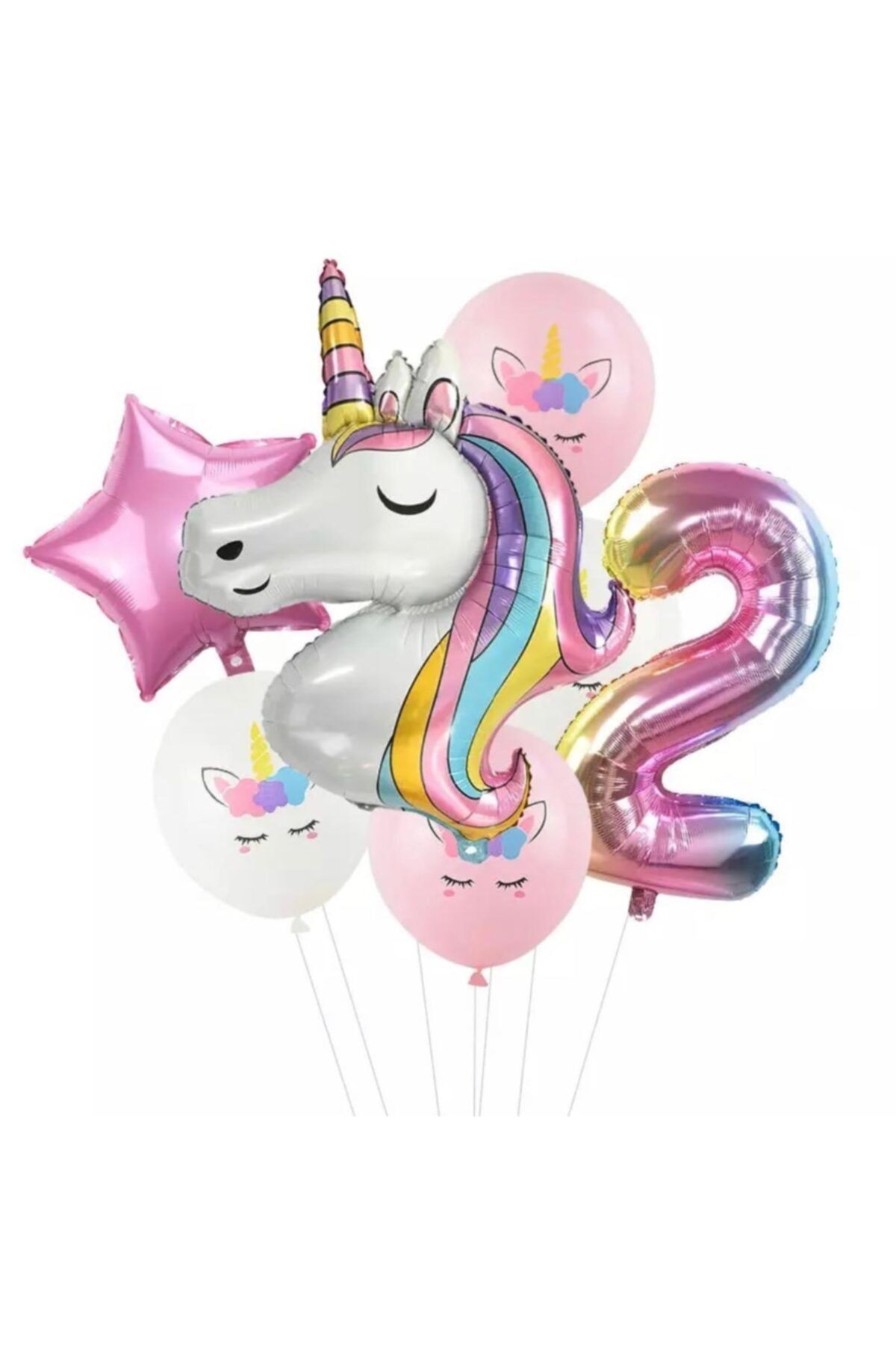 QUEEN AKSESUAR 7 Parça Dev Unicorn 2 Yaş Harf Yıldızlı Folyo Balon Seti Doğumgünü Yaşgünü
