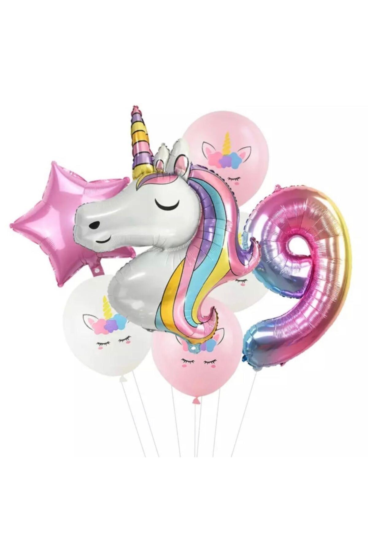 QUEEN AKSESUAR 7 Parça Dev Unicorn 9 Yaş Harf Yıldızlı Folyo Balon Seti Doğumgünü Yaşgünü