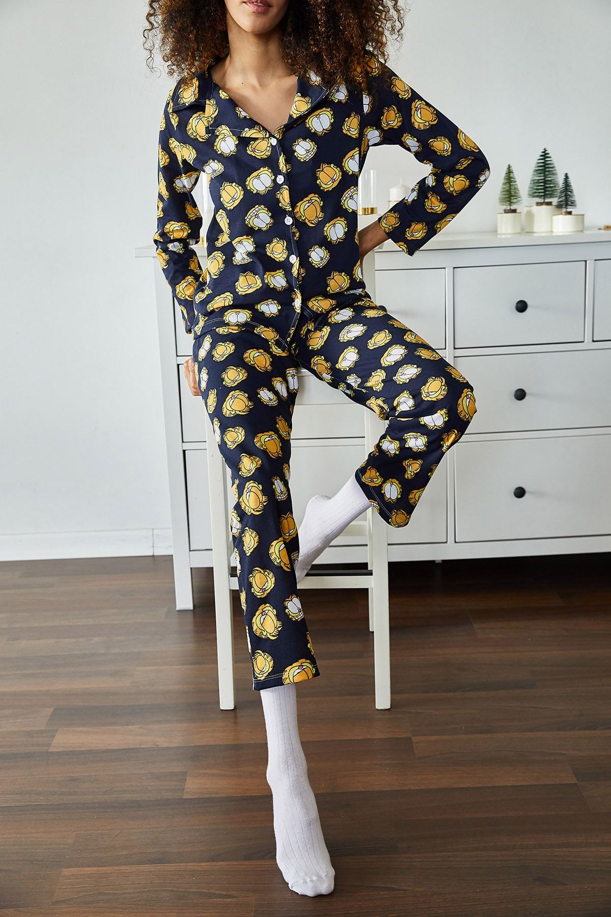 XHAN Kadın Lacivert Garfield Baskılı Örme Pijama Takımı 1KZK8-11024-72