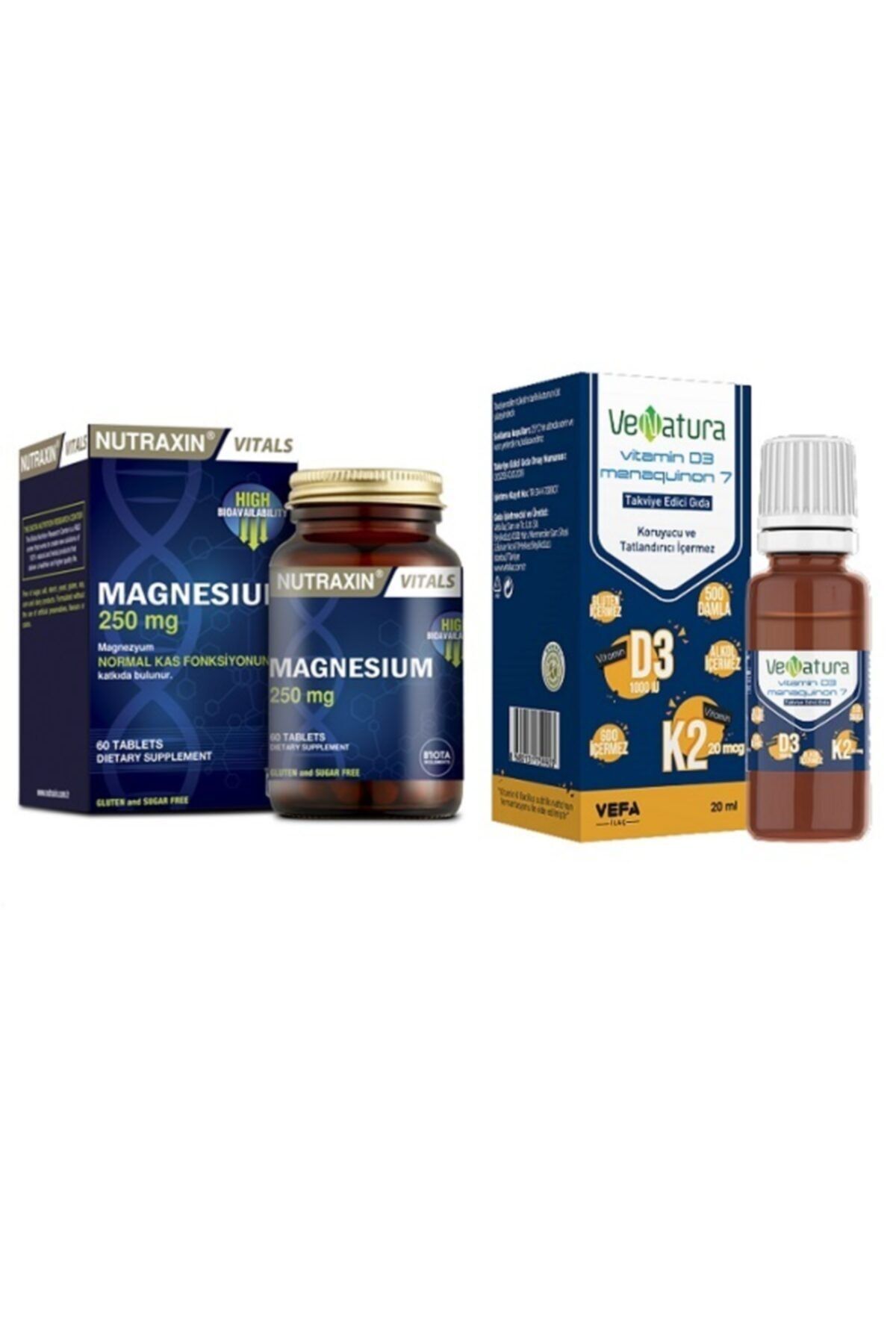 Nutraxin Magnesium Citrate 250 Mg 60 Tablet + Venatura Vitamin D3 K2 (menakuinon 7) Damla 20 Ml