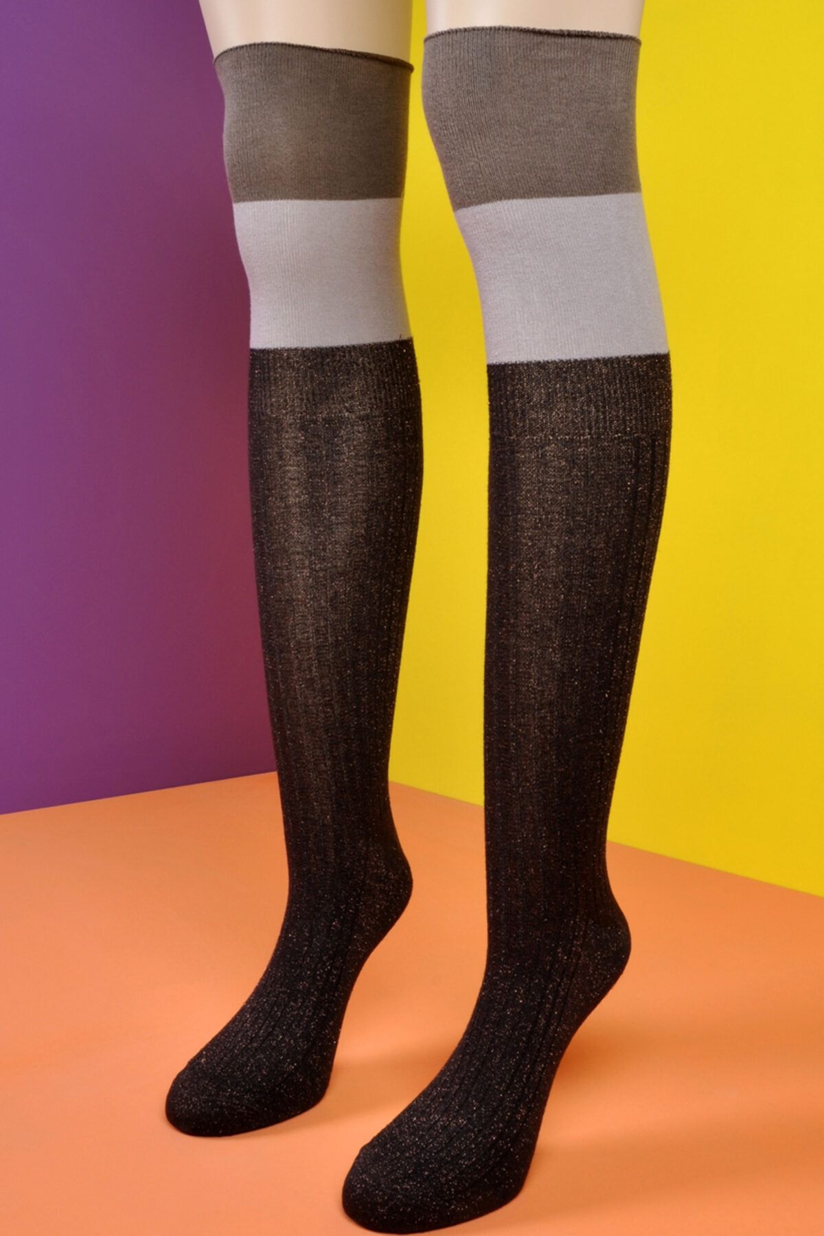 Socks Academy Krem Detaylı Kahverengi Simli Dizüstü Çorap