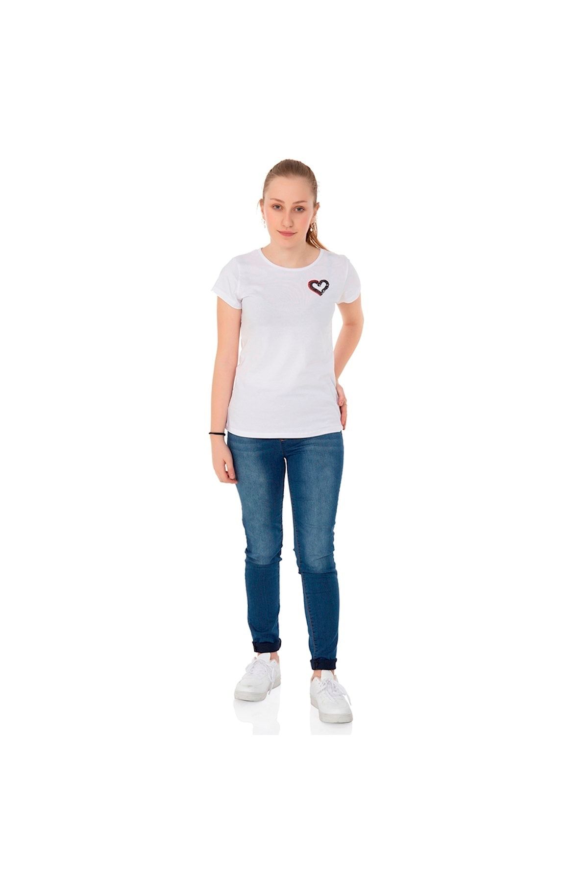 Toontoy Kız Çocuk T-shirt Kalp Nakışlı Beyaz 8 Yaş K-131