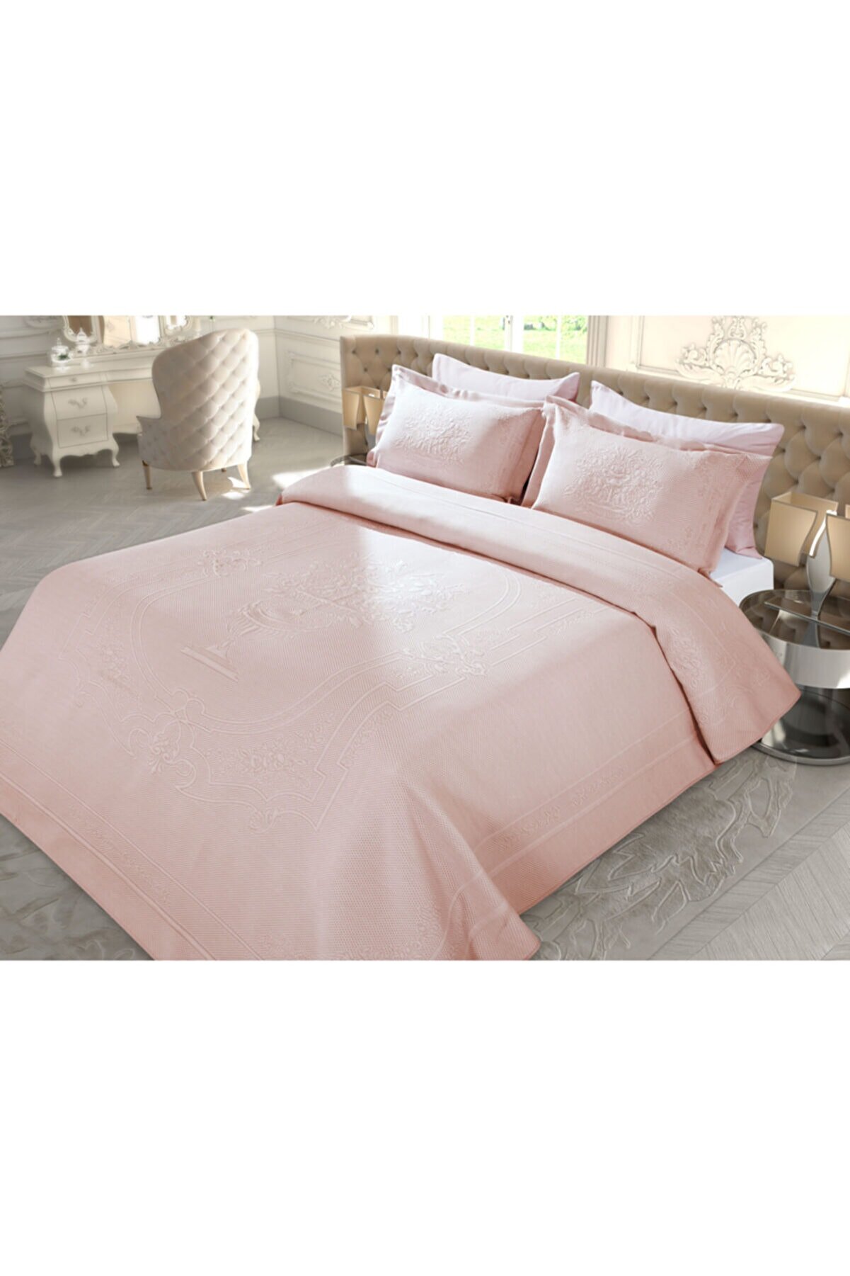 Madame Coco La Belle Epoque Çift Kişilik Örme Yatak Örtüsü Pudra