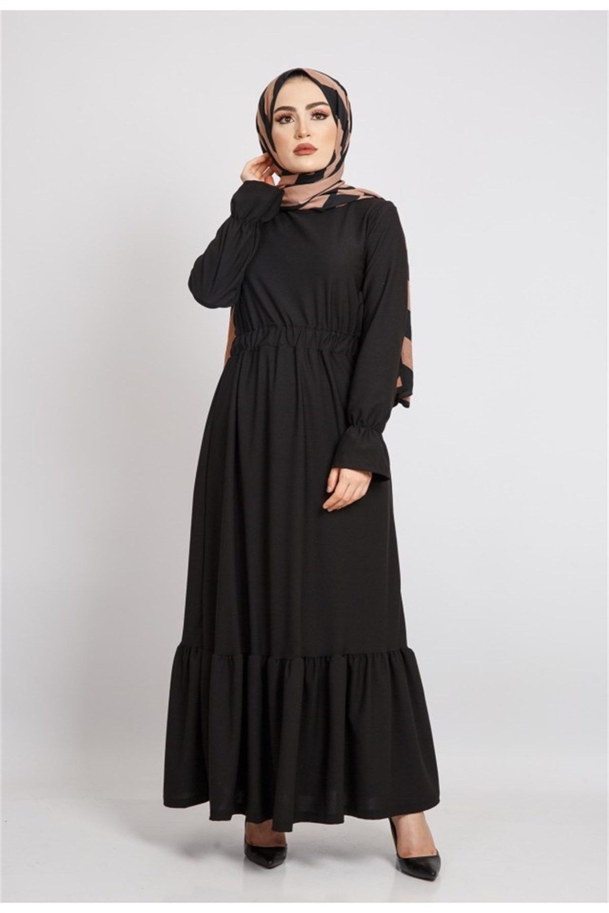 Moda Ekru Z6119 Beli Büzgülü Uzun Tesettür Elbise - Siyah