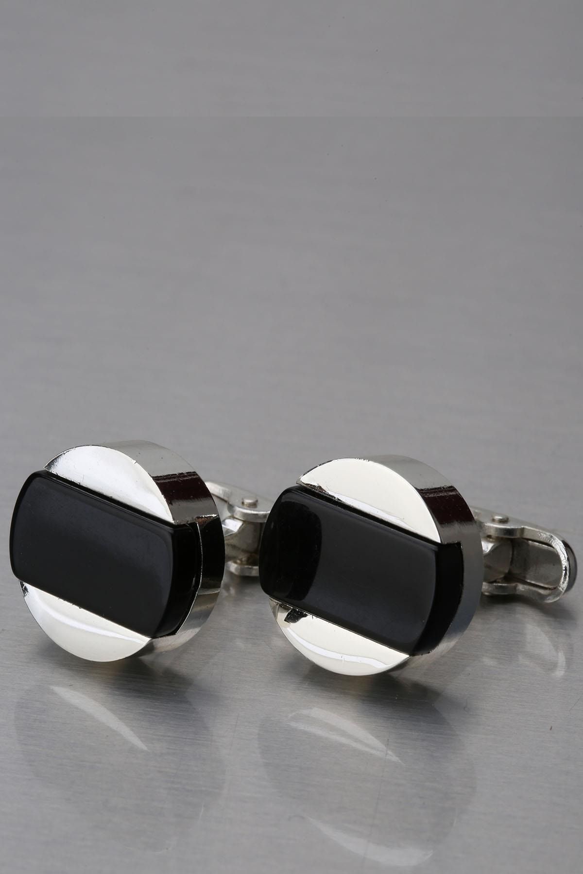Kravatkolik Gümüş Renk Siyah Taşlı Yuvarlak Kol Düğmesi Kd1276