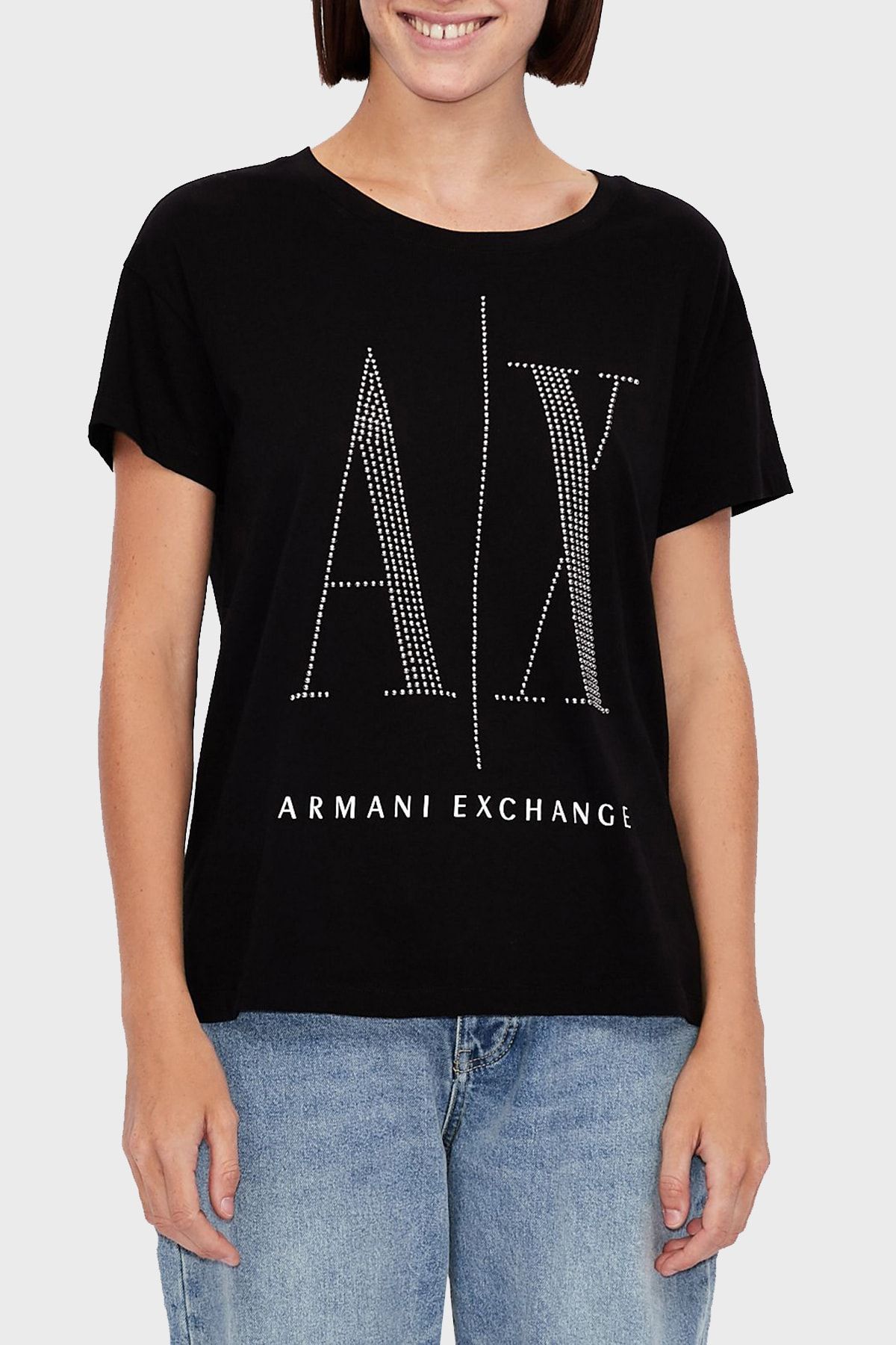 Armani Exchange Kadın Siyah % 100 Pamuklu Baskılı Bisiklet Yaka T Shirt T Shirt 8nytdx Yjg3z 8218