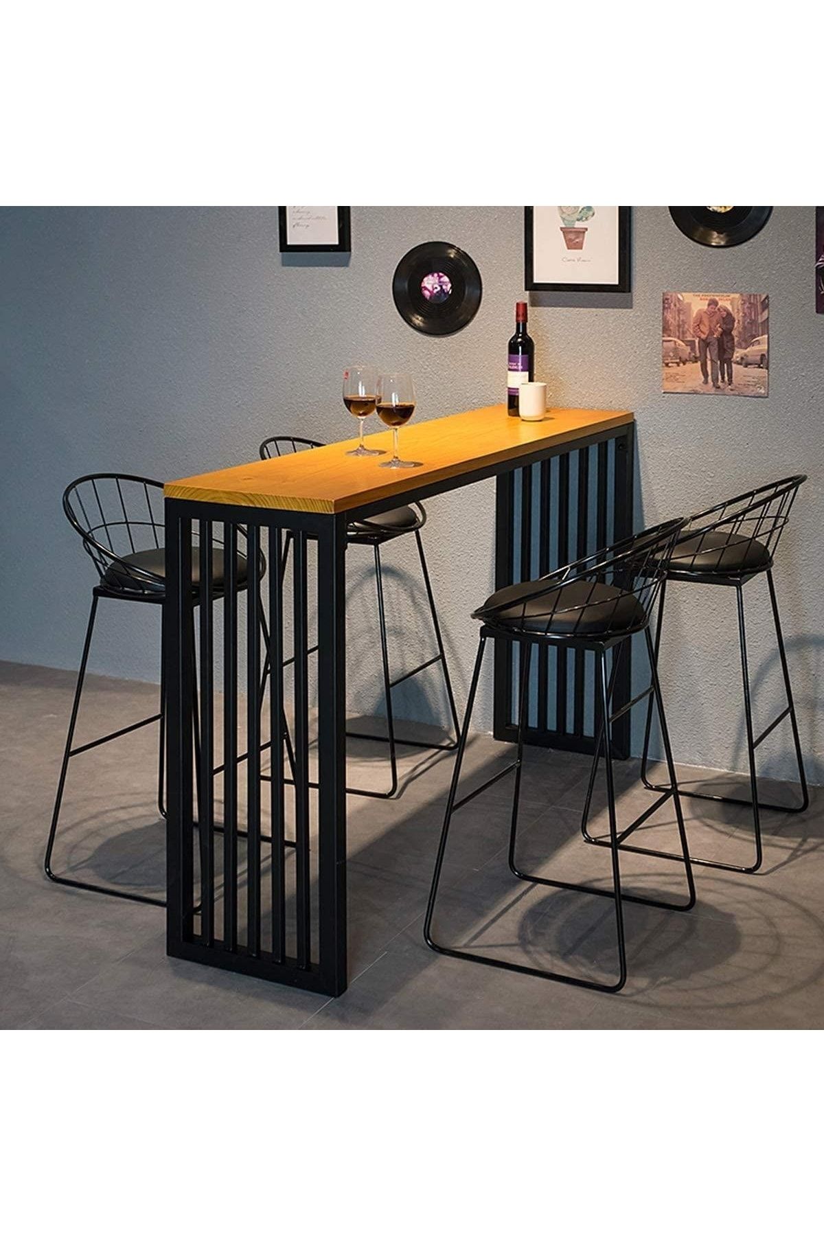 İlgi Trafik Bar Masası Yüksek Mutfak Masası, Retro Tasarım Ahşaplı Masa