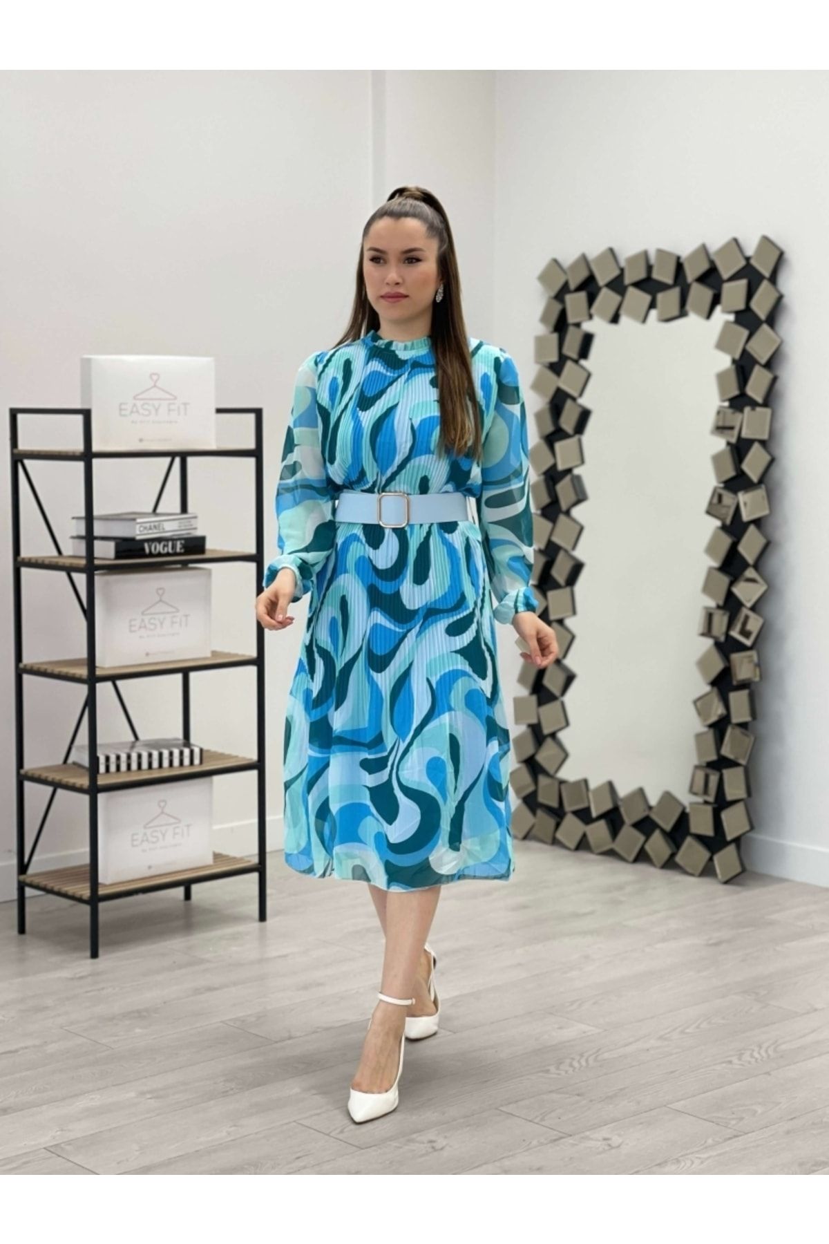giyimmasalı Şifon Kumaş Pliseli Elbise - Mavi