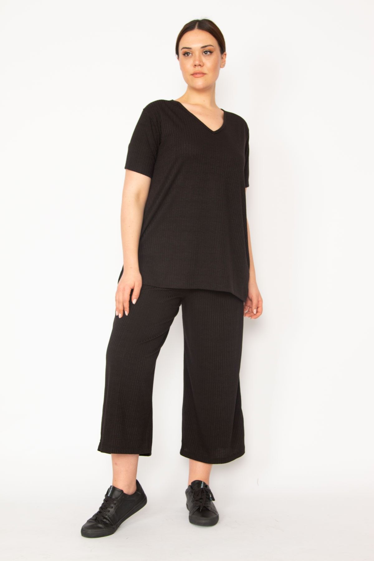 Şans Kadın Siyah Kaşkorse Örme Beli Lastikli Geniş Paçali Pantolon V Yakali Bluz Takim 65N32939