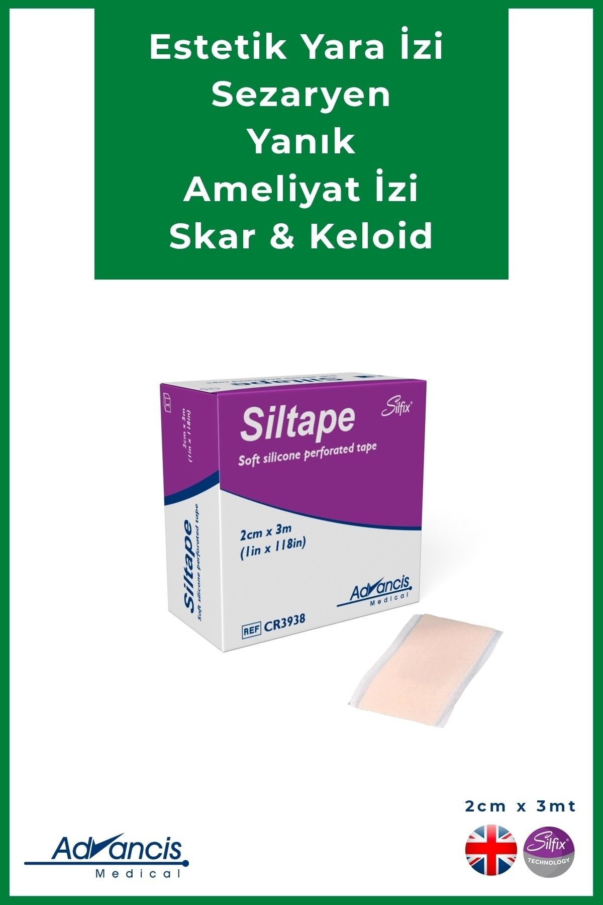Advancis Medical UK Siltape Soft Silikon Bant Yara Izi - Dikiş Izi - Sezaryen - Yanık - Estetik 2cm X 3mt