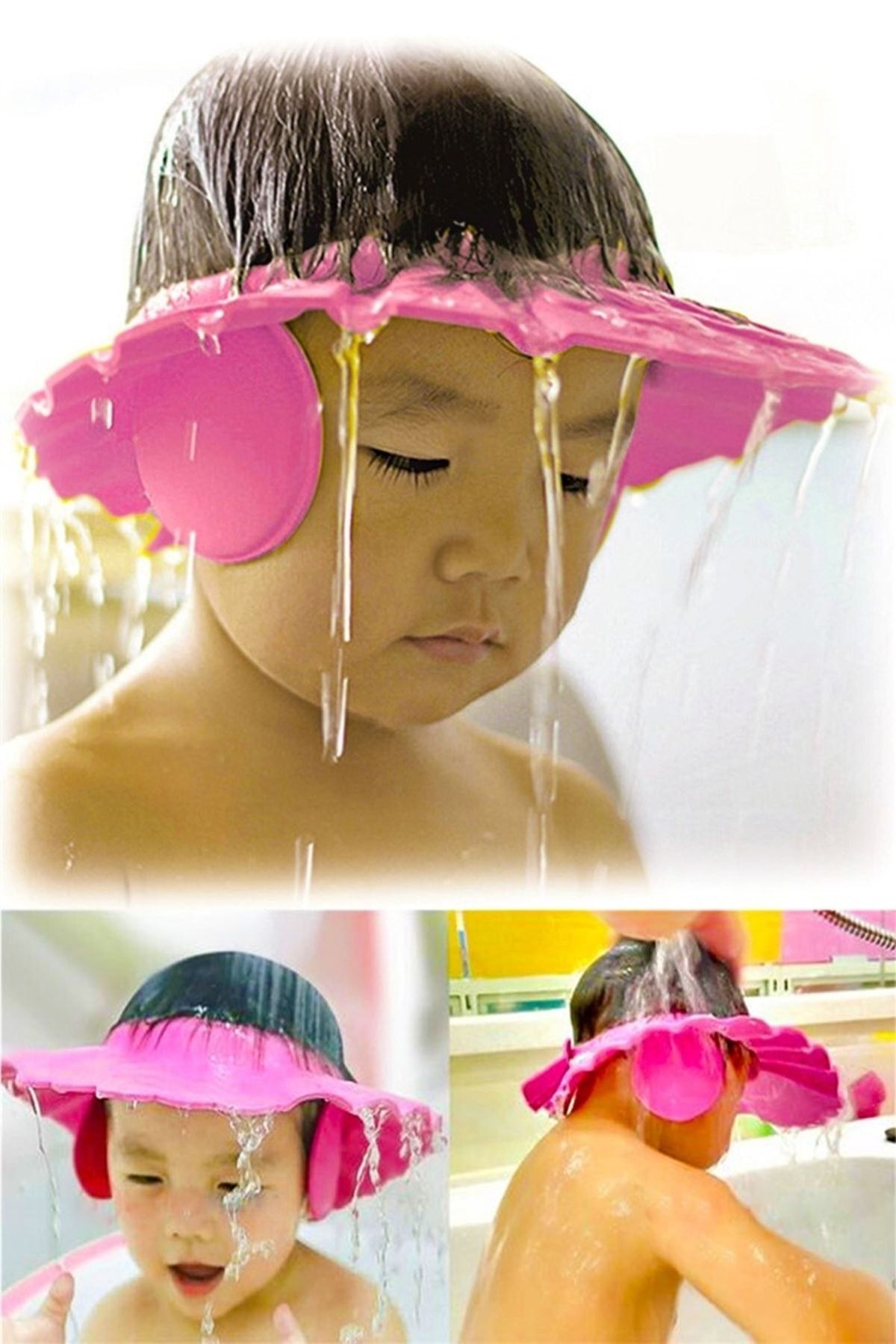 Kenpool Kulaklıklı Düğmeli Ayarlanabilir Gözleri Korumak Saç Yıkama Bebek Banyo Şapkası Pembe