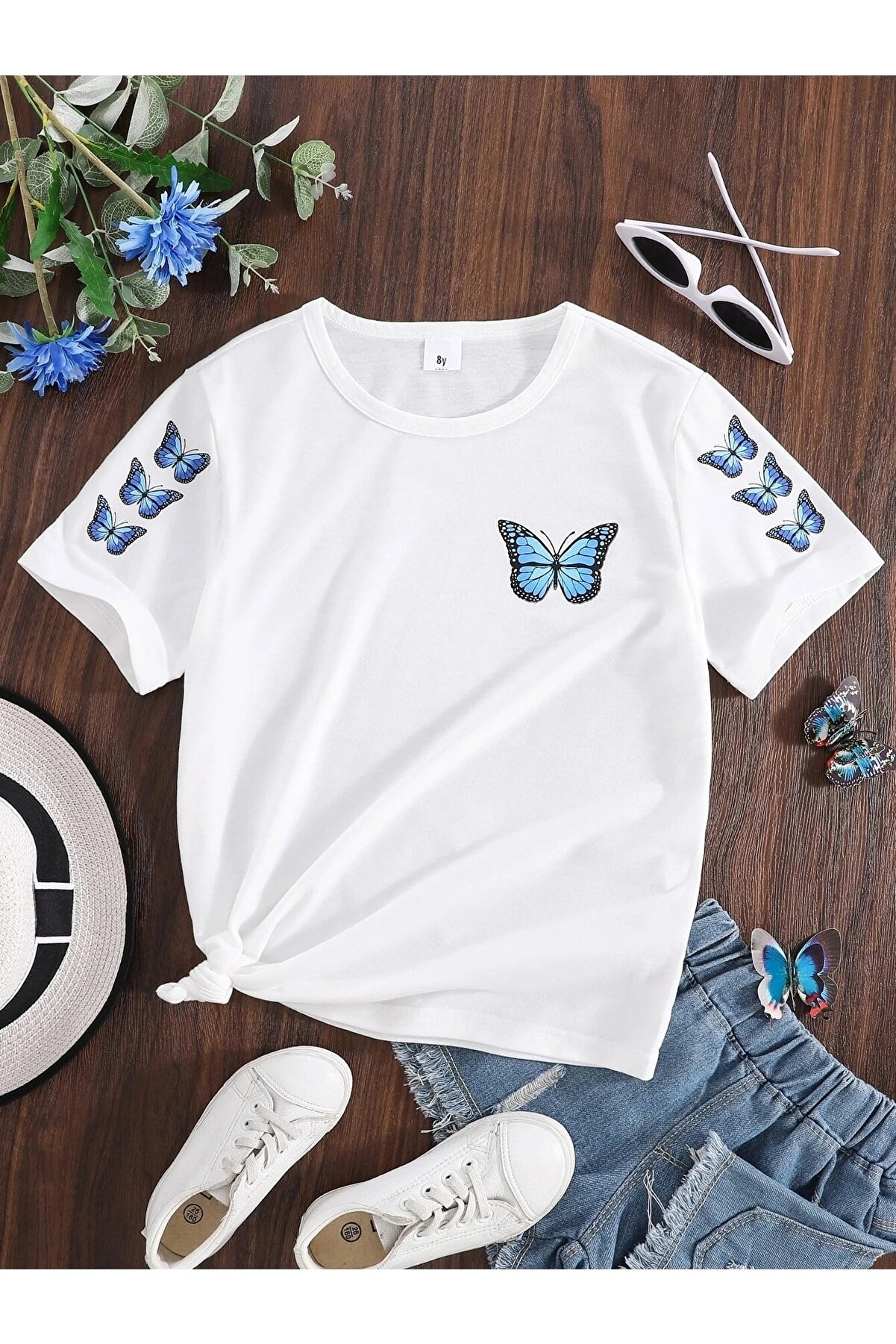 LePold Beyaz Mavi Kelebek Butterfly Baskılı Kız Tişört