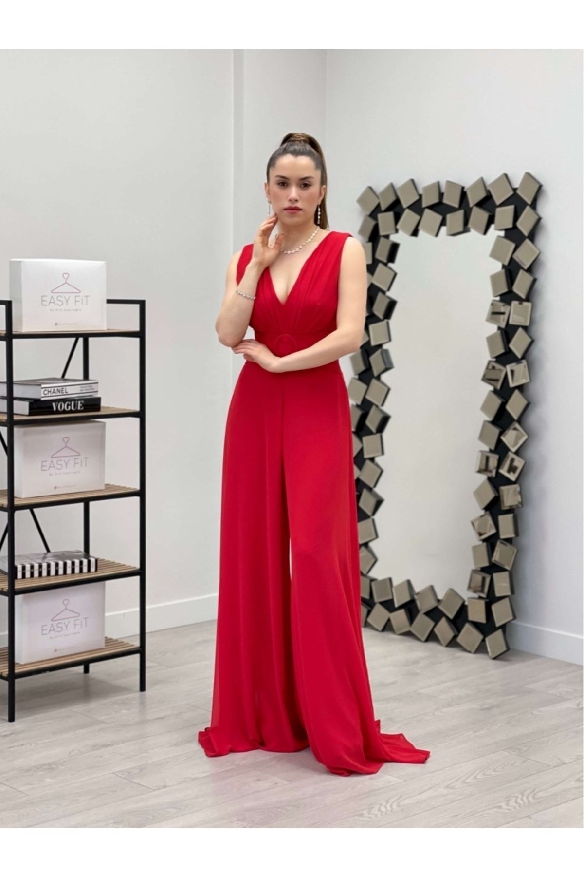 giyimmasalı Şifon Krep Kumaş Tulum Elbise - Kırmızı