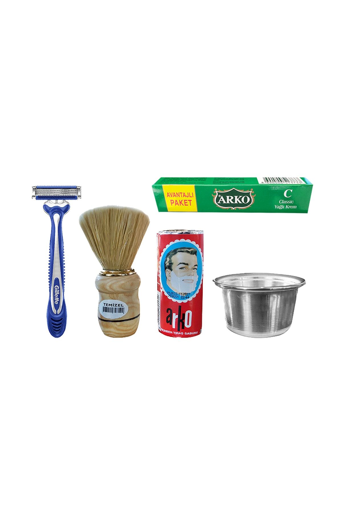 Arko Tıraş Seti - Metal Tıraş Kasesi, Tıraş Sabunu, 30 Cc Krem, Gilette Blue 3, Tıraş Fırçası