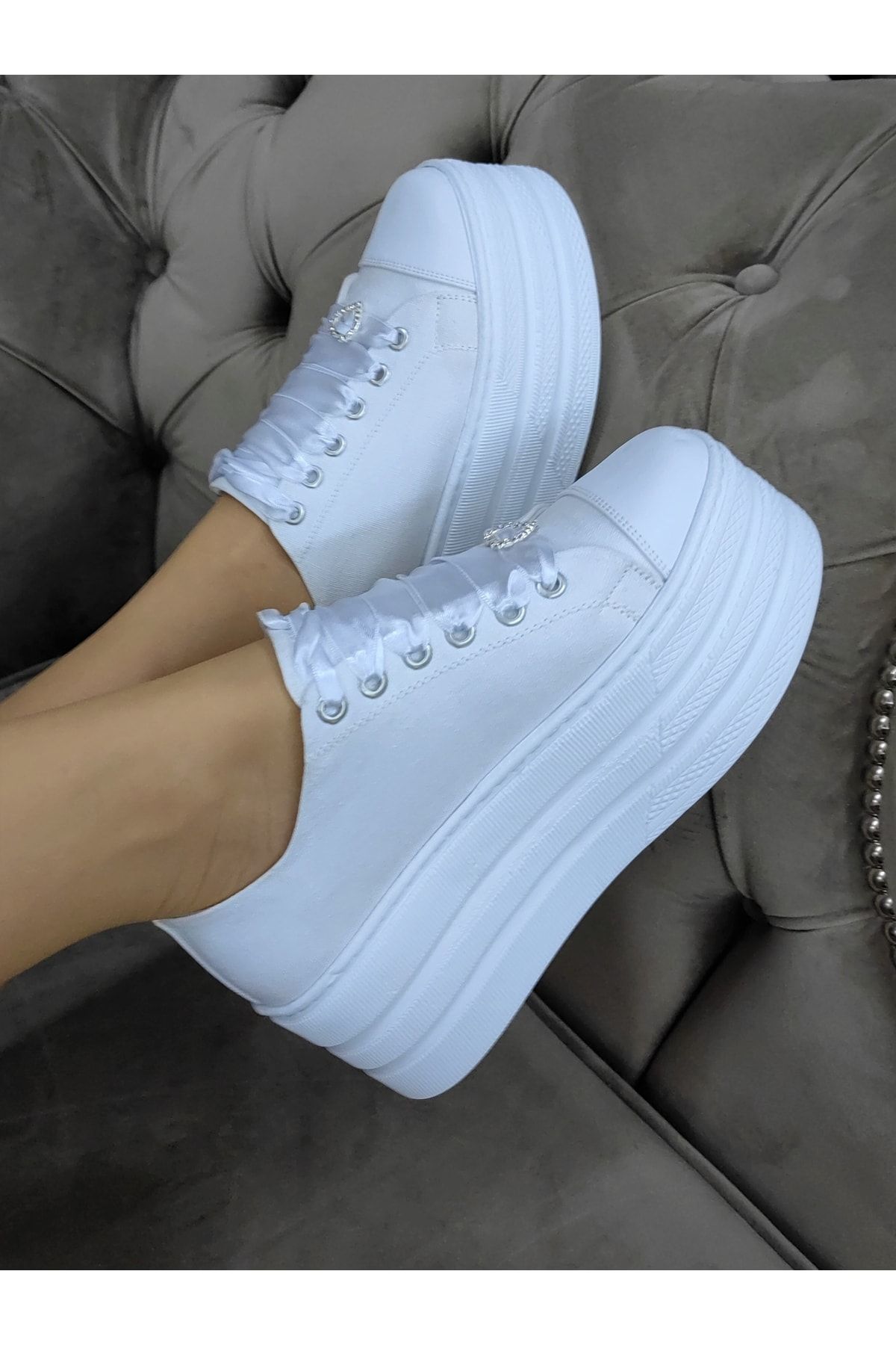 Ayakkabı Tutkusu Stilo ® Gelin Ayakkabısı Beyaz Keten Platform Düz Taban 7cm Aşırı Rahat