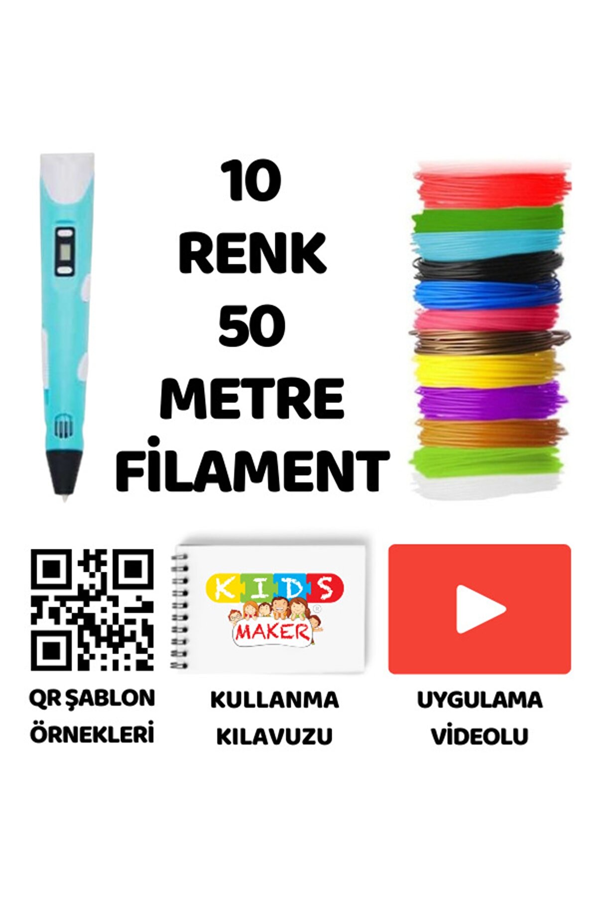 3D Kalem 10 Renk 50 Metre Pla Filament ( 10x5 Metre )