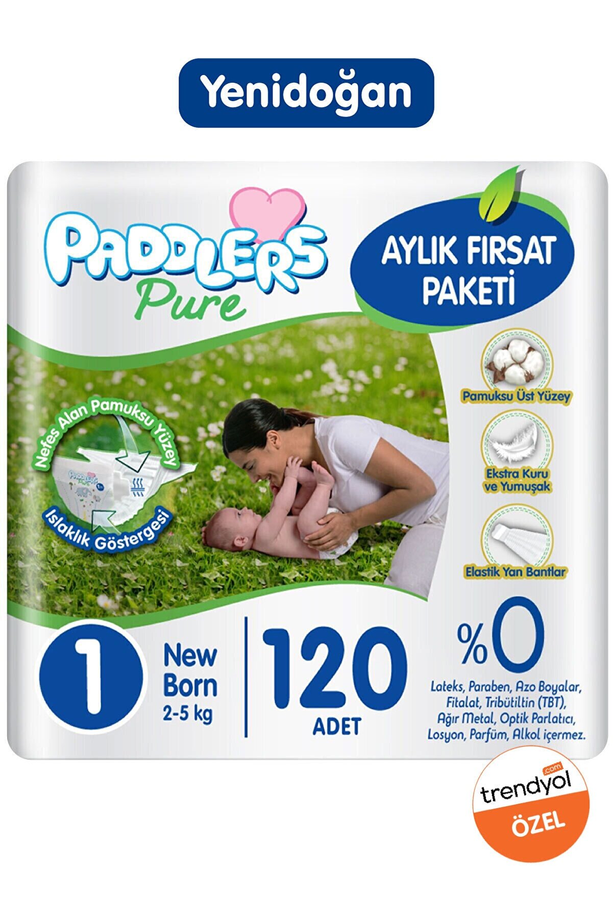 Paddlers Pure Bebek Bezi 1 Numara Yenidoğan 120 Adet ( 2-5 Kg ) Aylık Fırsat Paketi