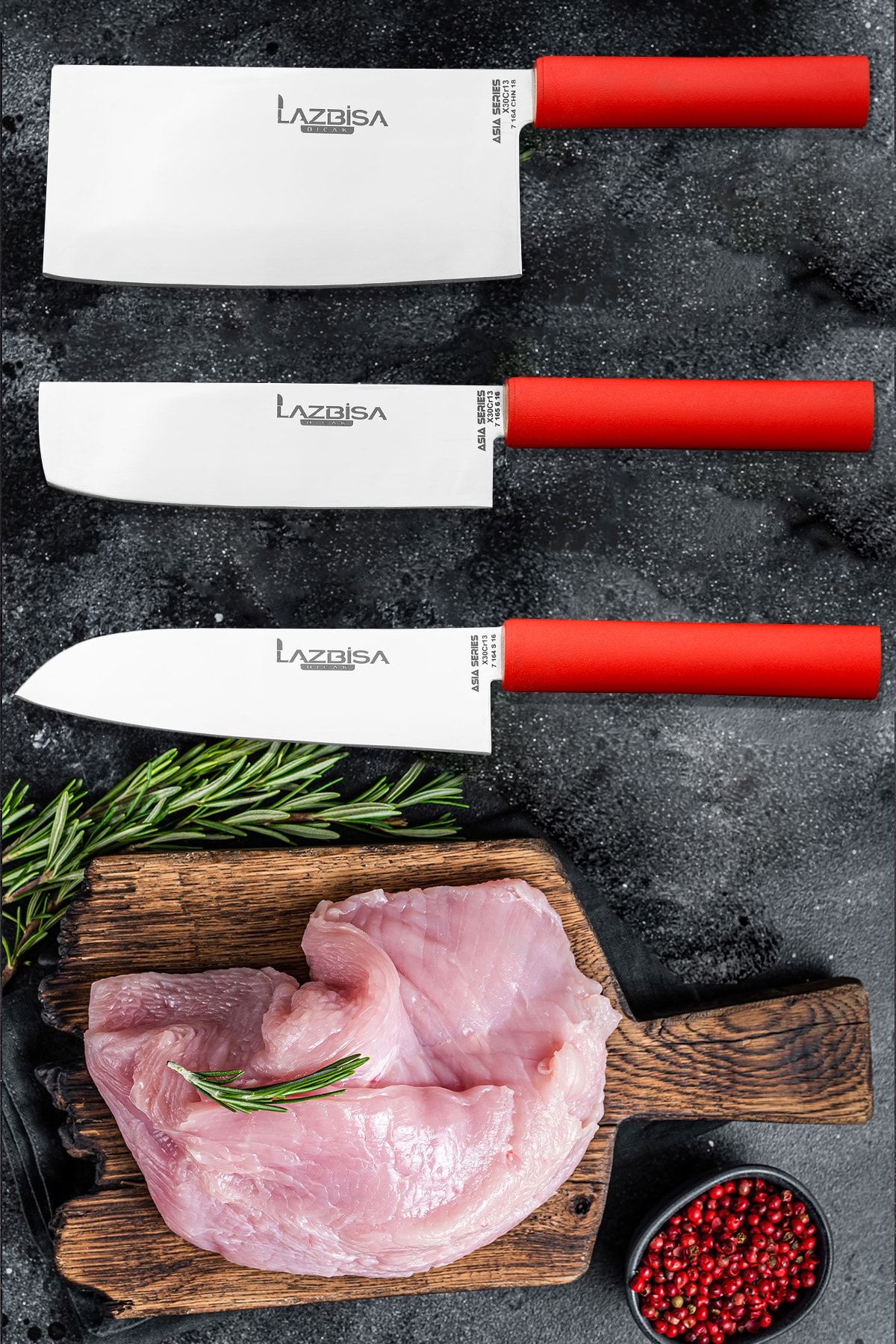 LAZBİSA Asia 3 Parça Mutfak Bıçak Seti Et Ekmek Sebze Meyve Soğan Salata Şef Bıçak