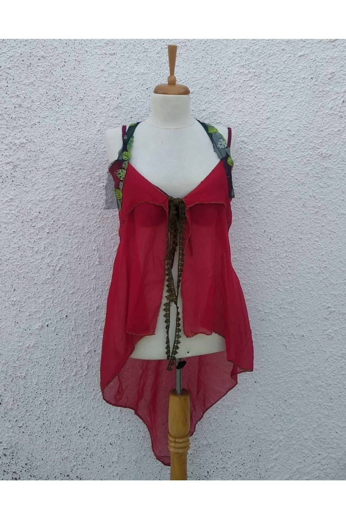 Hippybutik Kırmızı Tığ Kontürlü Elişi Yemeni Pareo Elbise Yelek Plaj Giyim