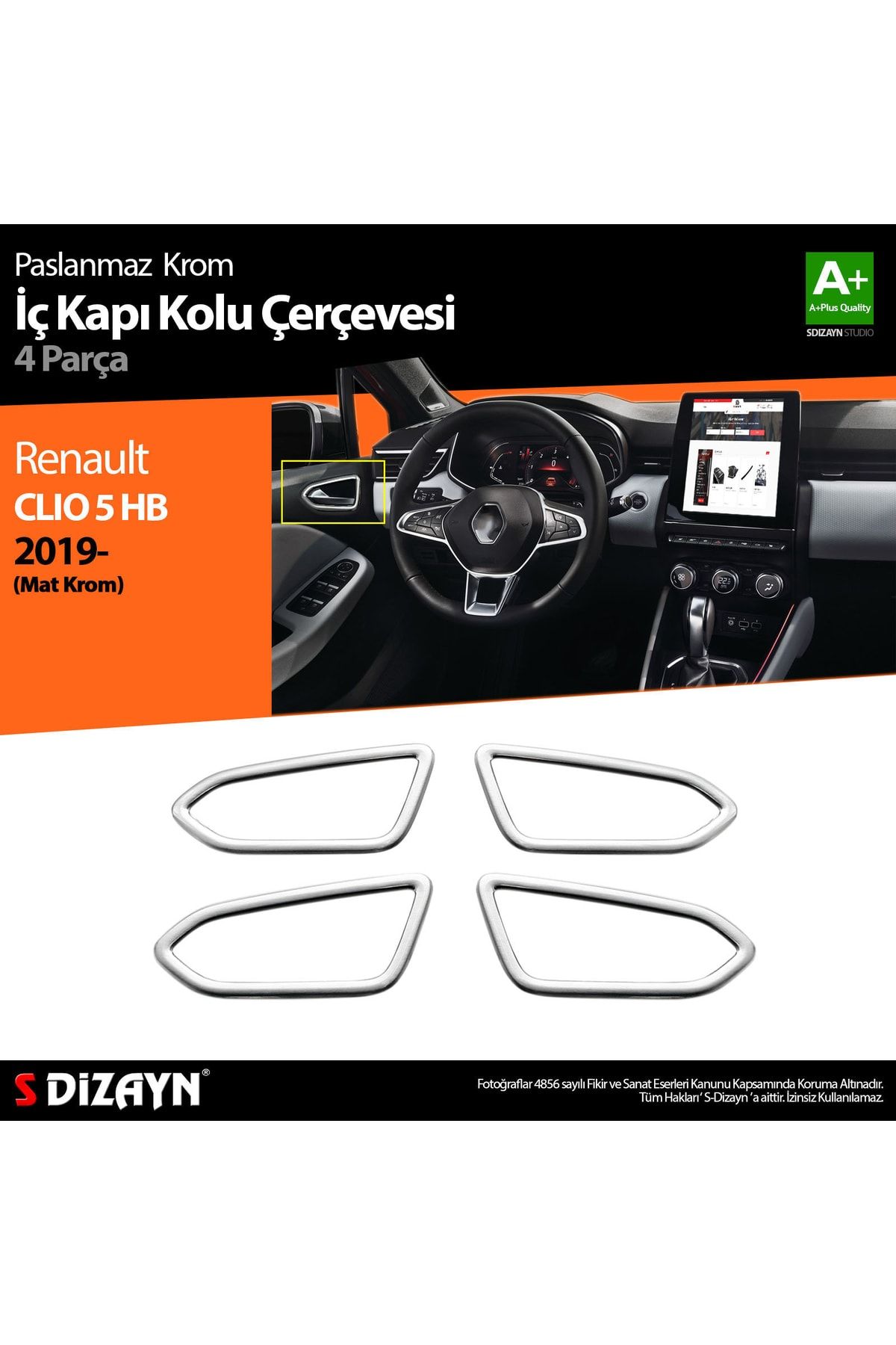 S Dizayn Renault Clio 5 Mat Krom Iç Kapı Kolu Çerçevesi 4 Parça 2019 Ve Üzeri (MAT KROM)