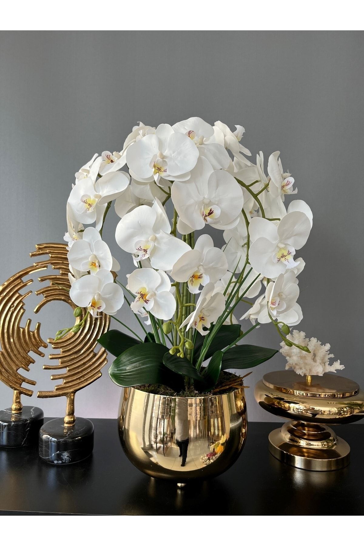 LİLOTEHOME 6 Dal Luxury Islak Beyaz Orkide Aranjman Japon Model Parlak Gold Renk Saksı