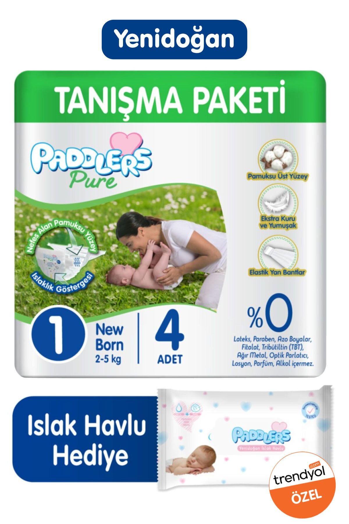 Paddlers Pure Bebek Bezi 1 Numara Yenidoğan 4 Adet (2-5 KG) 40'lı Yenidoğan Islak Havlu