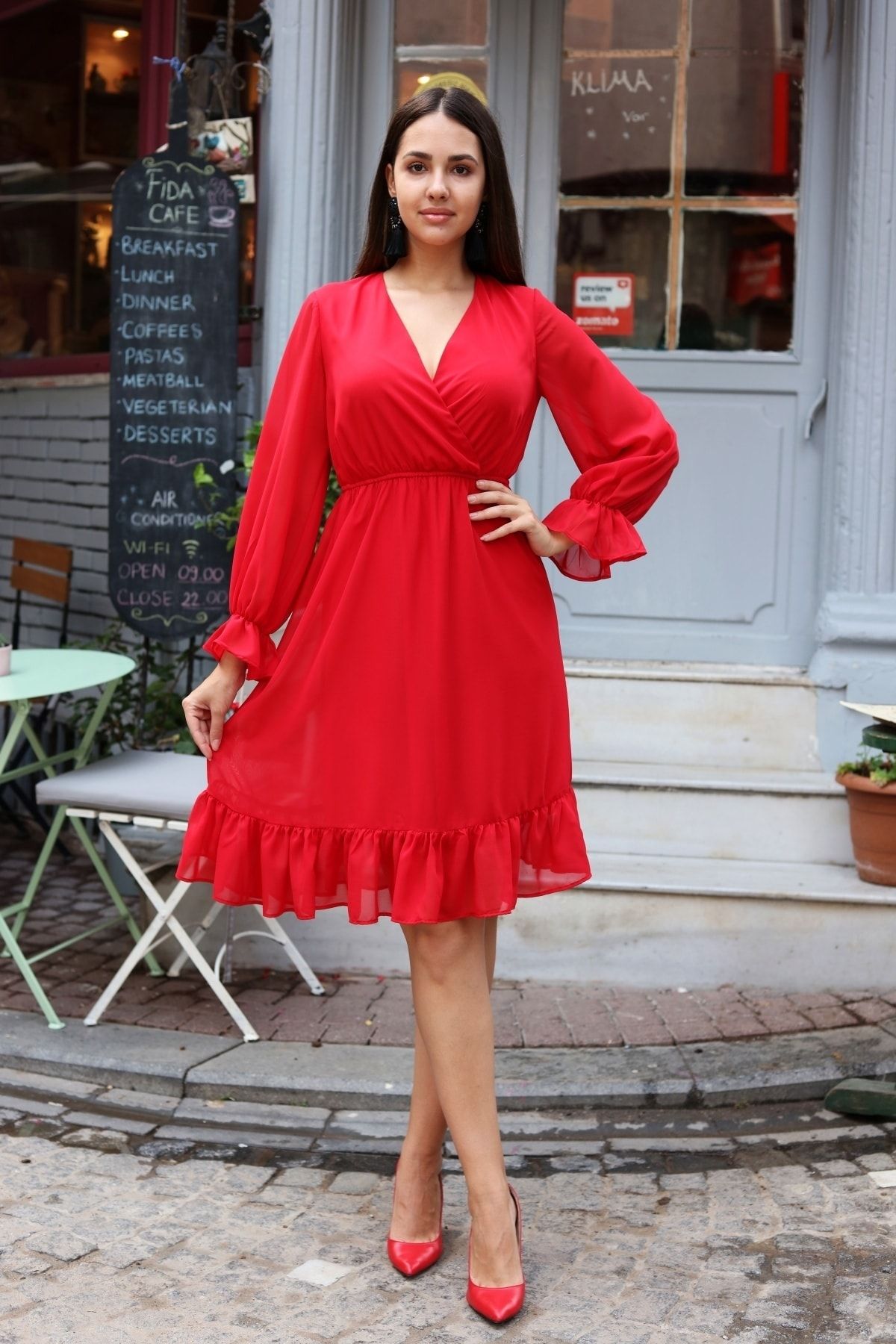 AVVER Kadın Kırmızı Astarlı Kruvaze Şifon Elbise