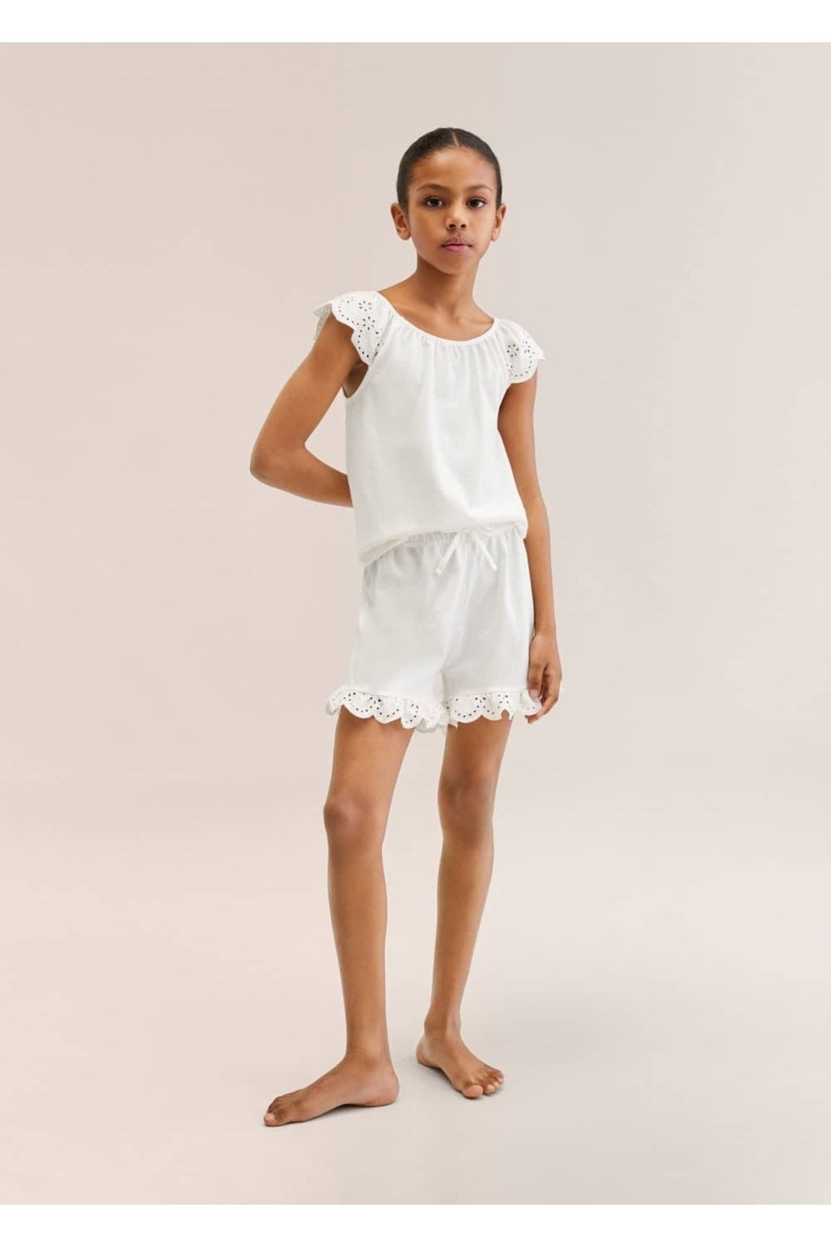 MANGO Kids İşlemeli Pamuklu Şort Pijama Takımı