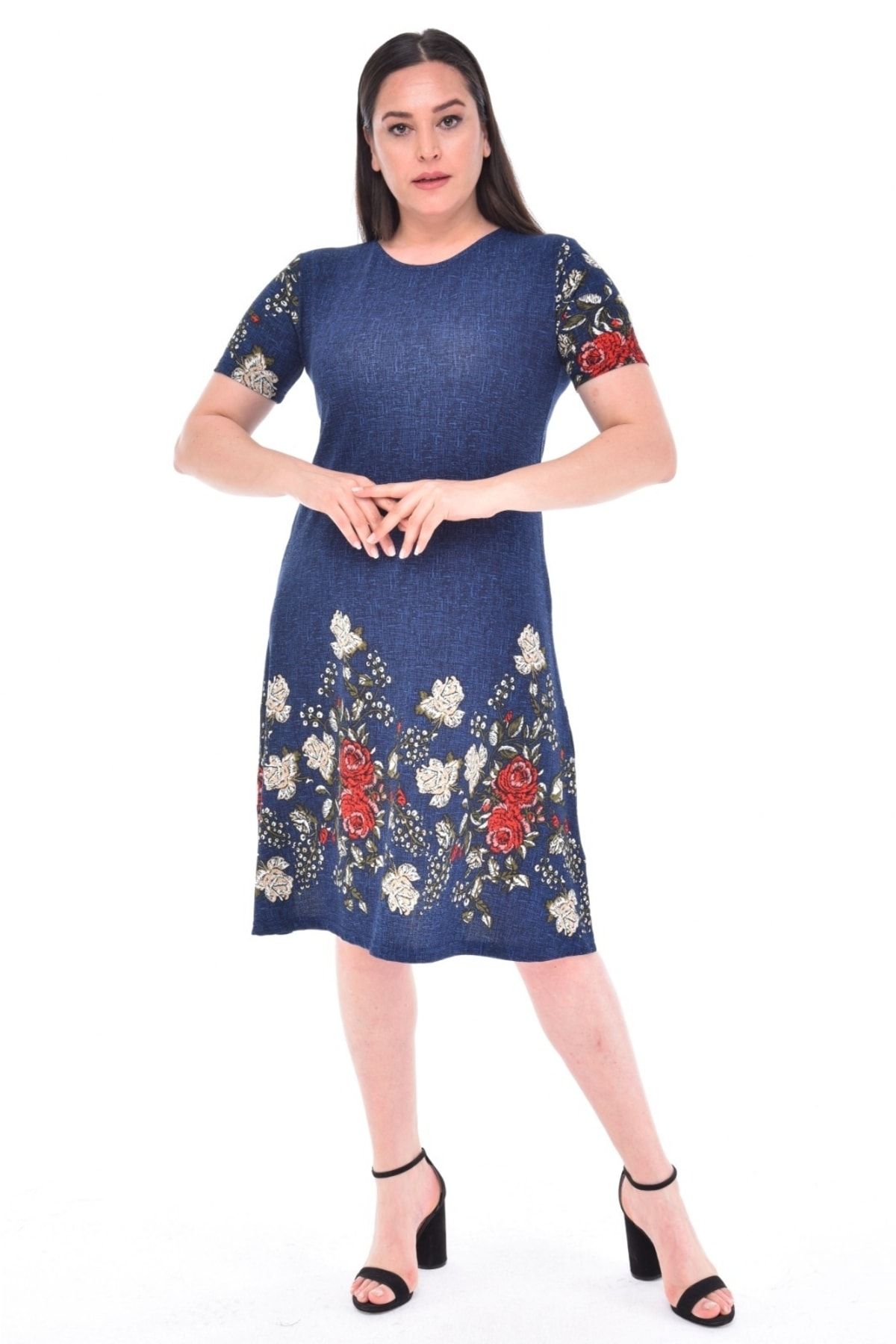 Big Love Ütü Gerektirmeyen Kısa Kollu Likralı Krep Kumaş Çiçekli Elbise Mavi Elbblv
