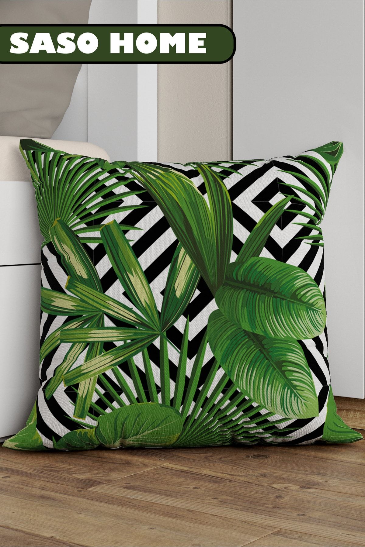 SasoHome Tropikal Palmiye Yaprak Desenli Dekoratif Hediyelik Kırlent - Yastık Kılıfı
