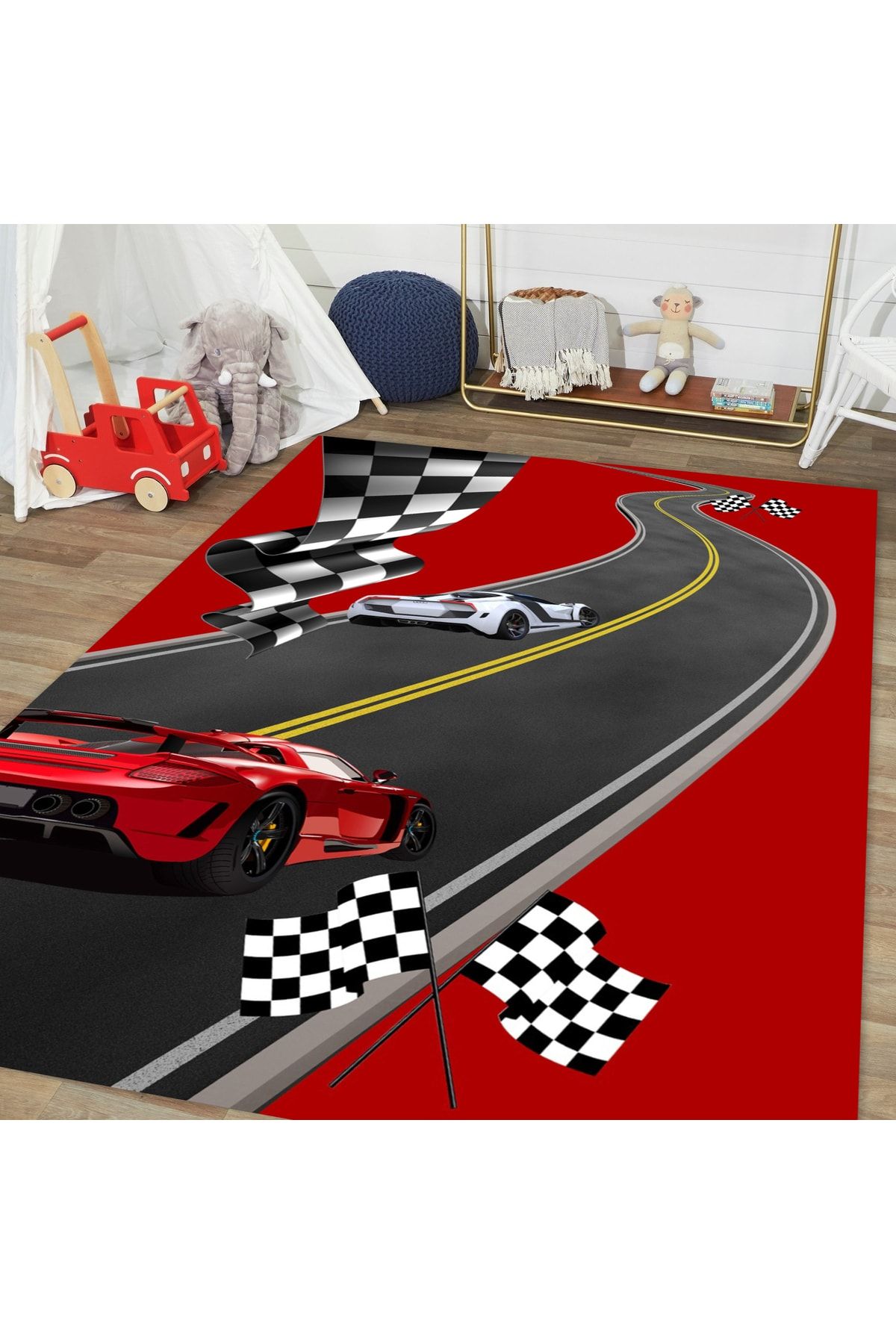 Jungle Halı Trafik Yollu Formula Yarış Arabalı Model Kırmızı Renkli Oyun Halısı