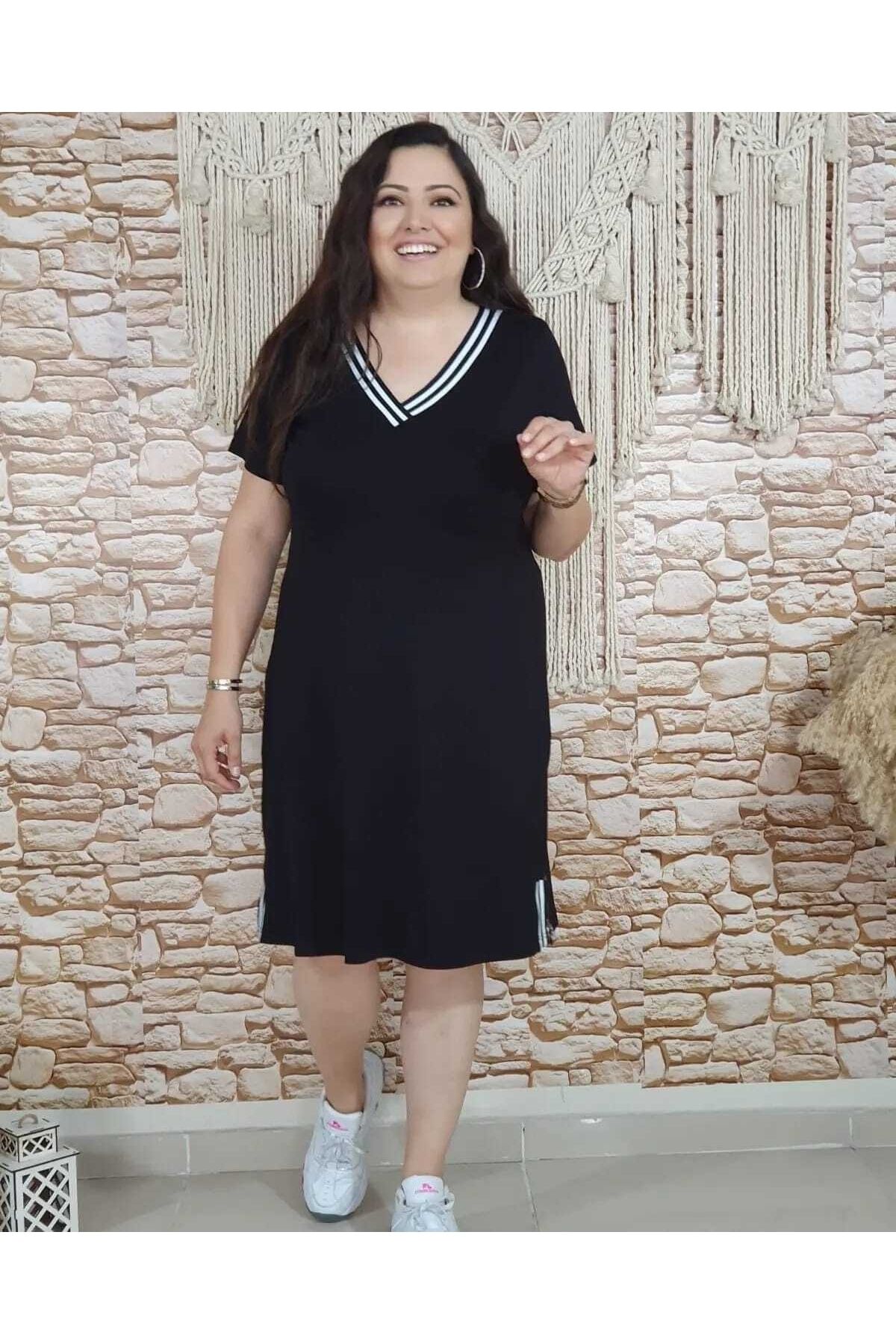 BİrHoşButik Büyük Beden Ithal Viskon Kumaş Likralı Beyaz Ribanalı Yazlık V-yaka Yandan Yırtmaçlı Siyah Elbise