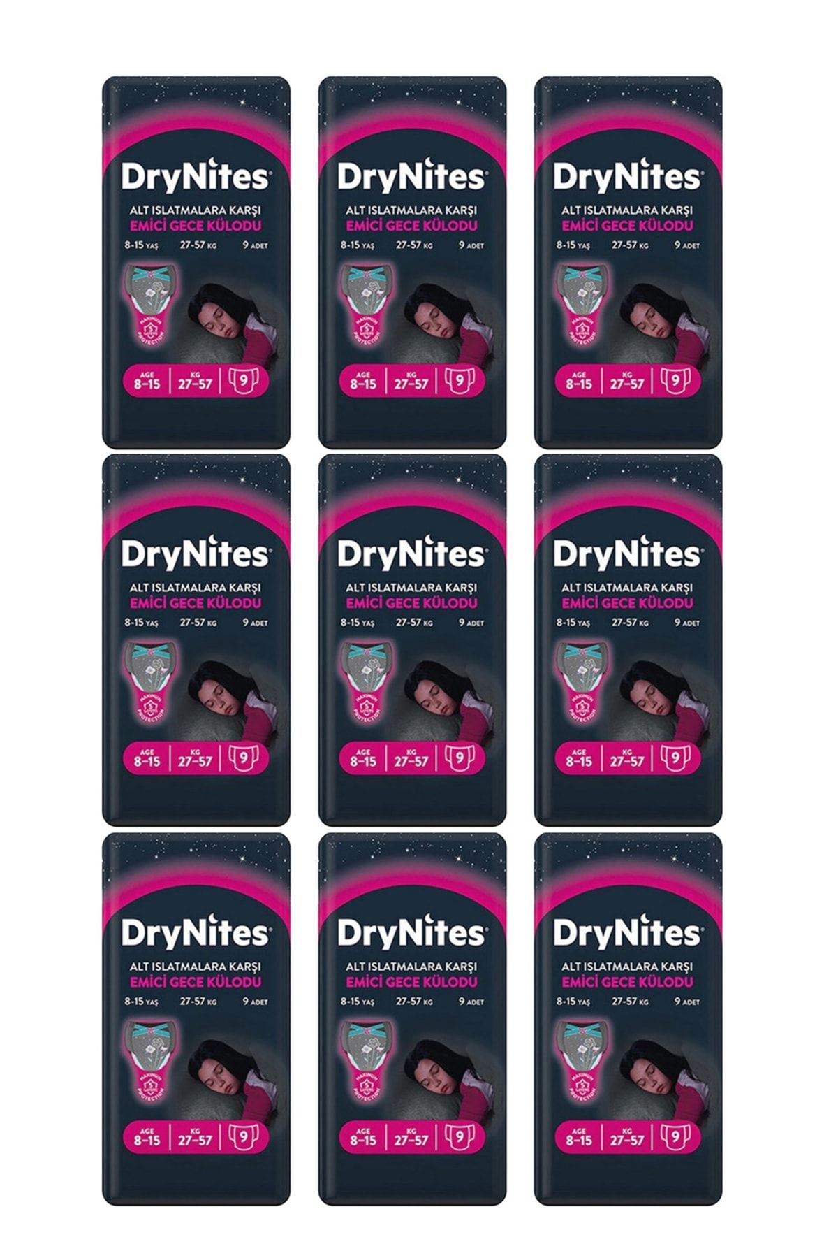 DryNites Kız Emici Gece Külodu 8-15 Yaş 9'lu X 9 Paket (81 Adet)