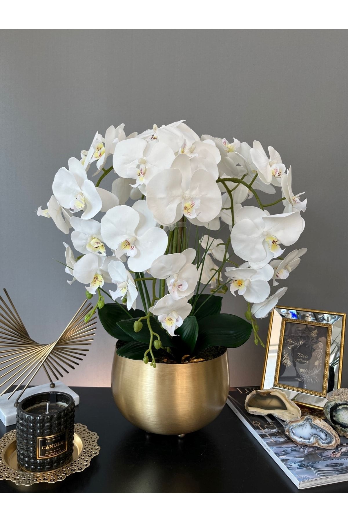 LİLOTEHOME 5 Dal Luxury Islak Beyaz Orkide Aranjman Japon Model Eskitme Mat Gold Saksı
