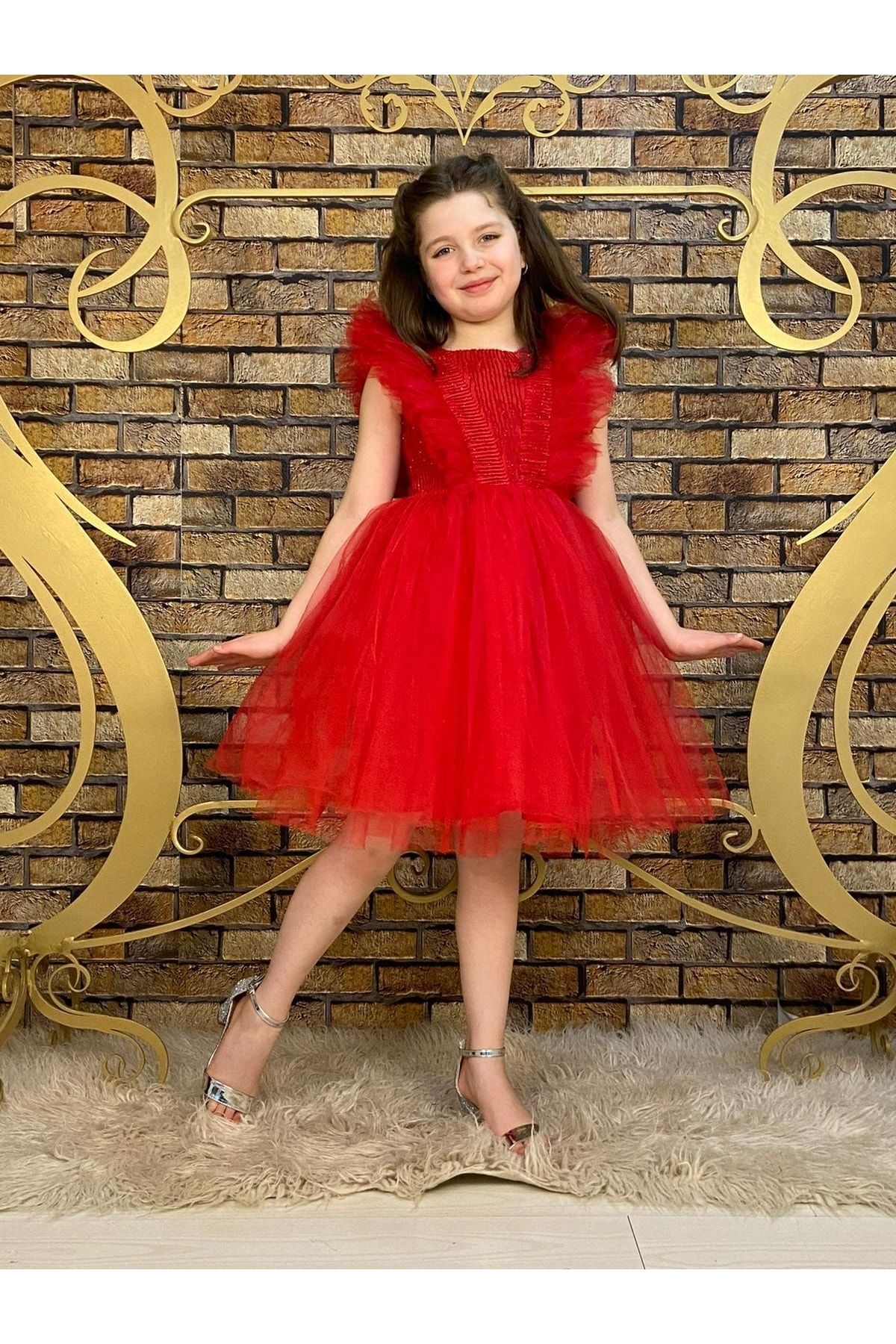 Pumpido Kız Çocuk Kırmızı Simli Elbise