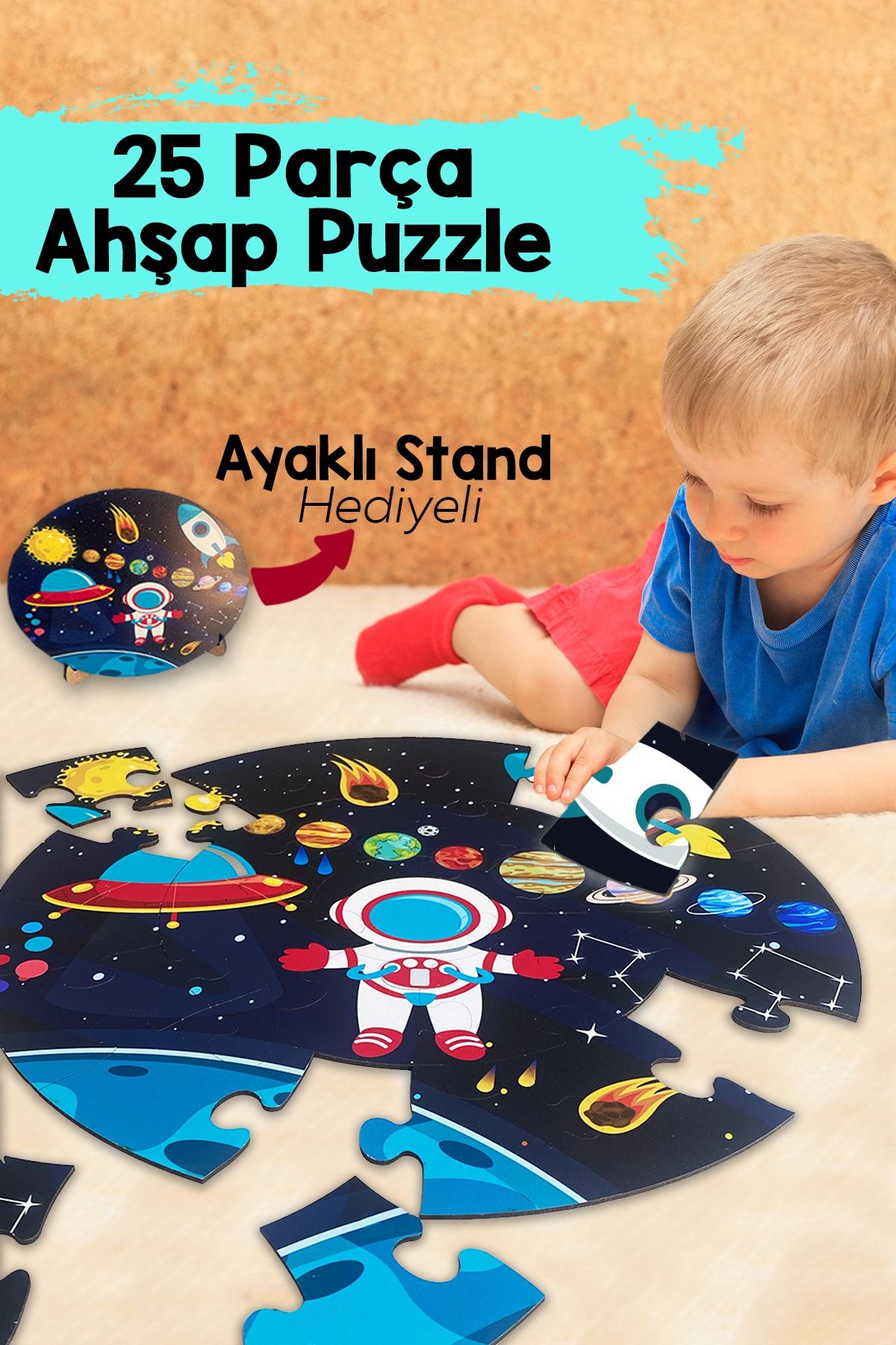 Little One Ahşap Gezegen Puzzle 42cm, Mega Boy Renkli Uzay Bebek, Çocuk Ve Okul Öncesi Için Puzzle