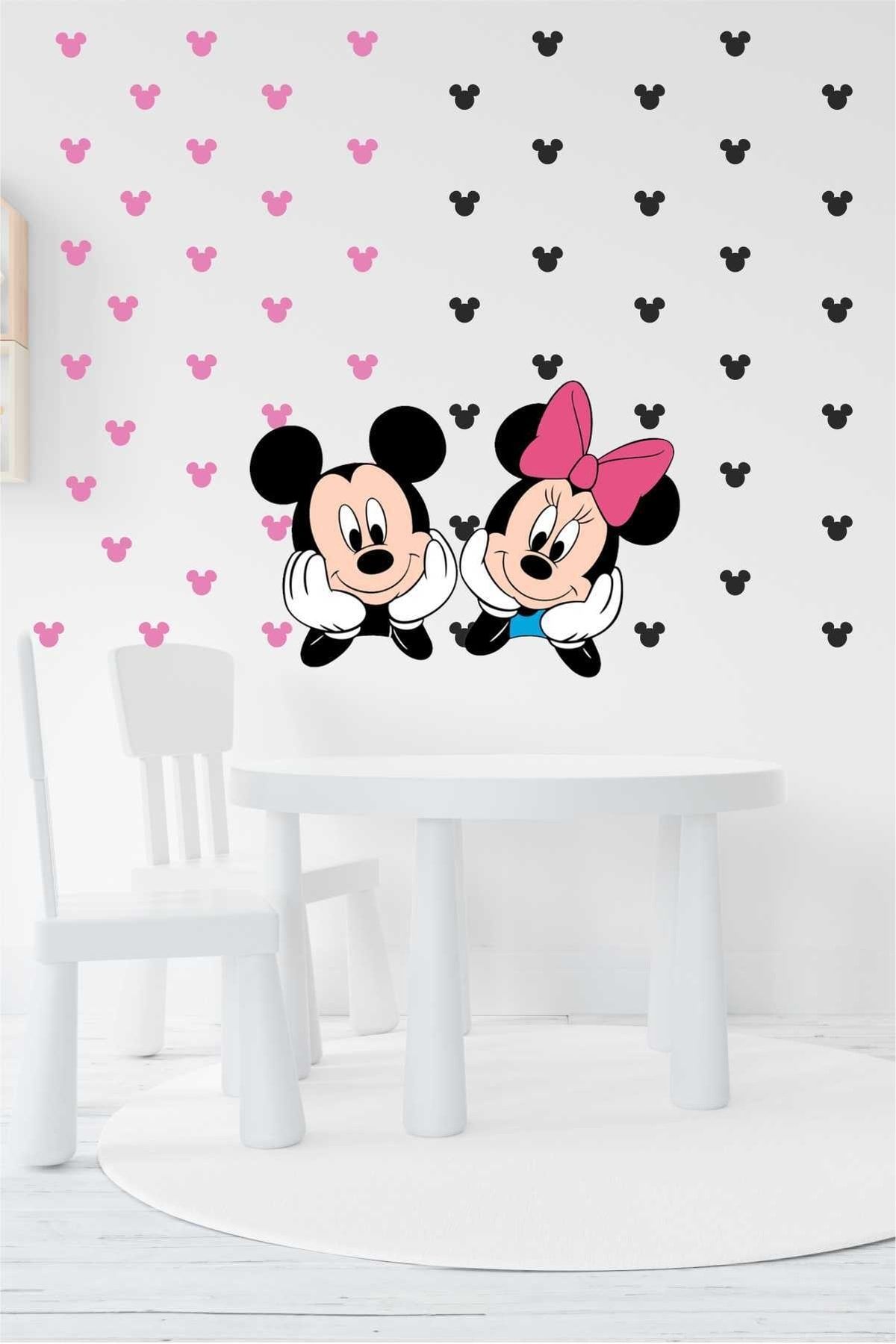 efekt reklam Sevimli Mini Ve Mickey Mouse Daisy Puantiyeli Kalpli Pembe Siyah Çocuk Bebek Odası Duvar Sticker