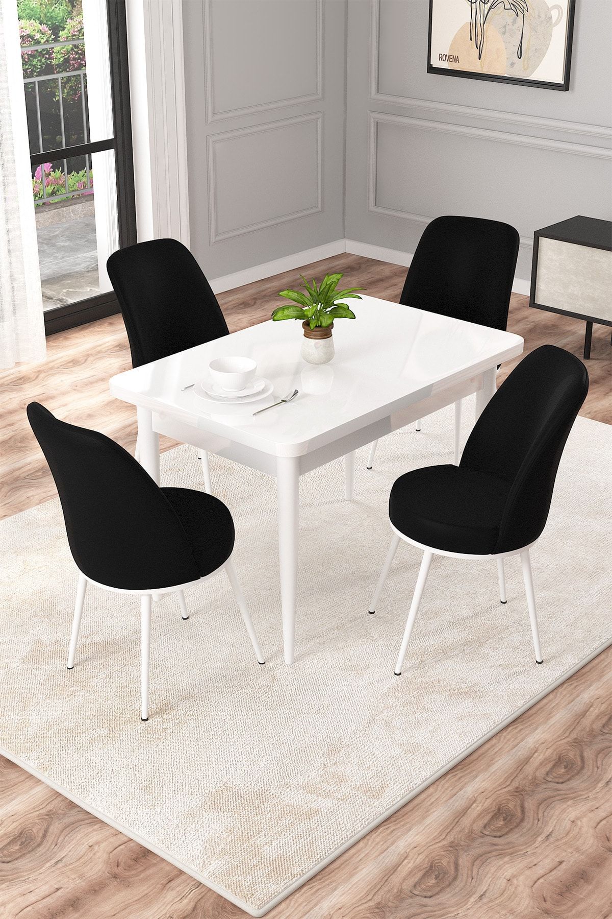 Rovena Duru Beyaz 70x110 Mdf Sabit Mutfak Masası Takımı 4 Adet Sandalye