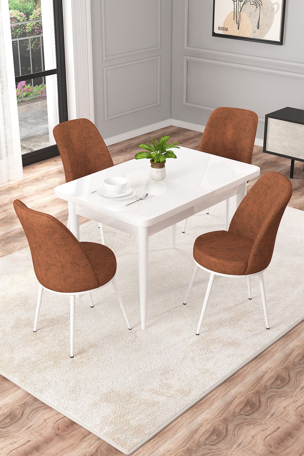 Rovena Duru Beyaz 70x110 Mdf Sabit Mutfak Masası Takımı 4 Adet Sandalye