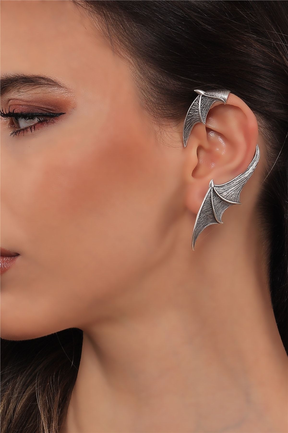 LABALABA Kadın Antik Gümüş Kaplama Çivili Model Ear Cuff Sol Kulak Yarasa Küpe