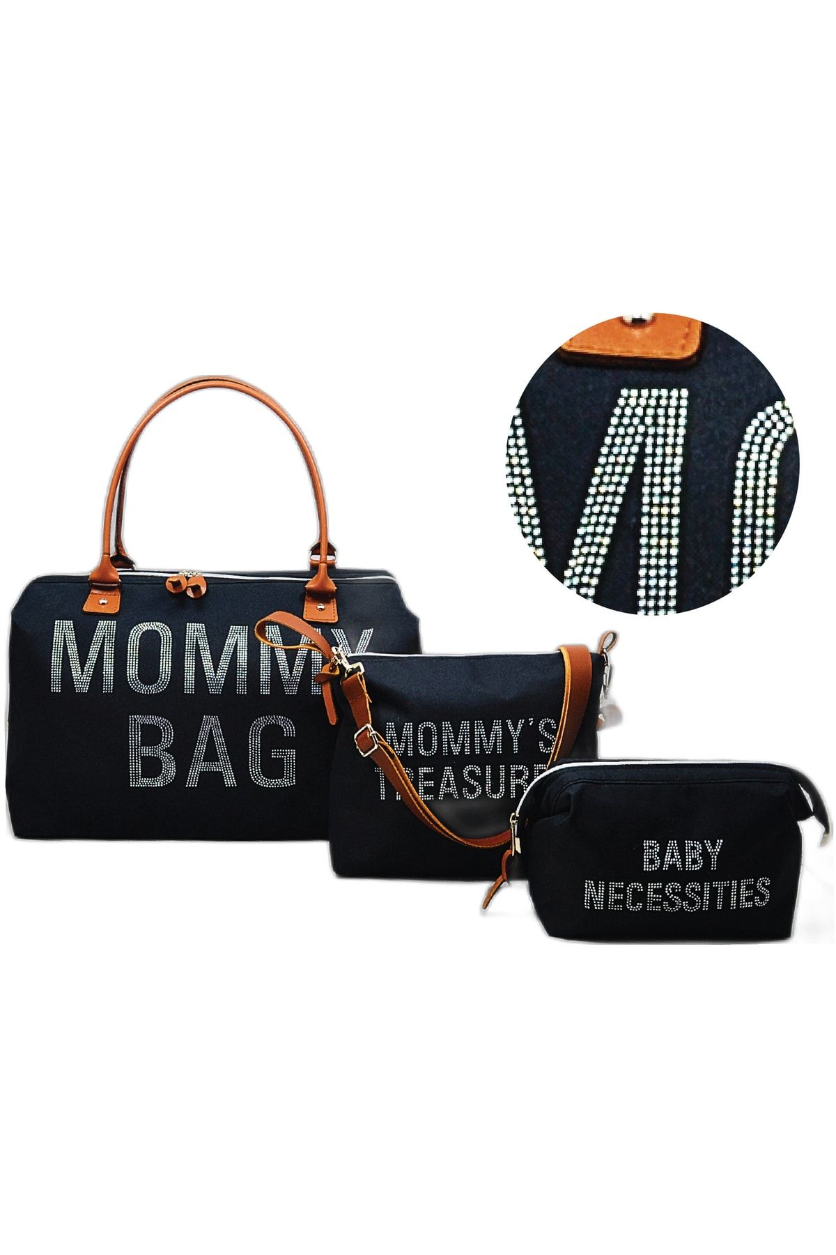 Babysi Taş Tasarım Mommy Baby Bag Exclusive 3 Lü Set Siyah Anne Bebek Bakım Ve Kadın Çantası