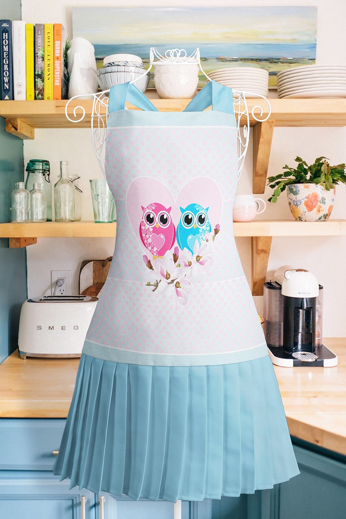 Realhomes Sevimli Baykuş Desenli Mutfak Önlüğü Master Şef Çiçek Motifli Askılı Bulaşık Aşçı Leke Tutmaz Önlük